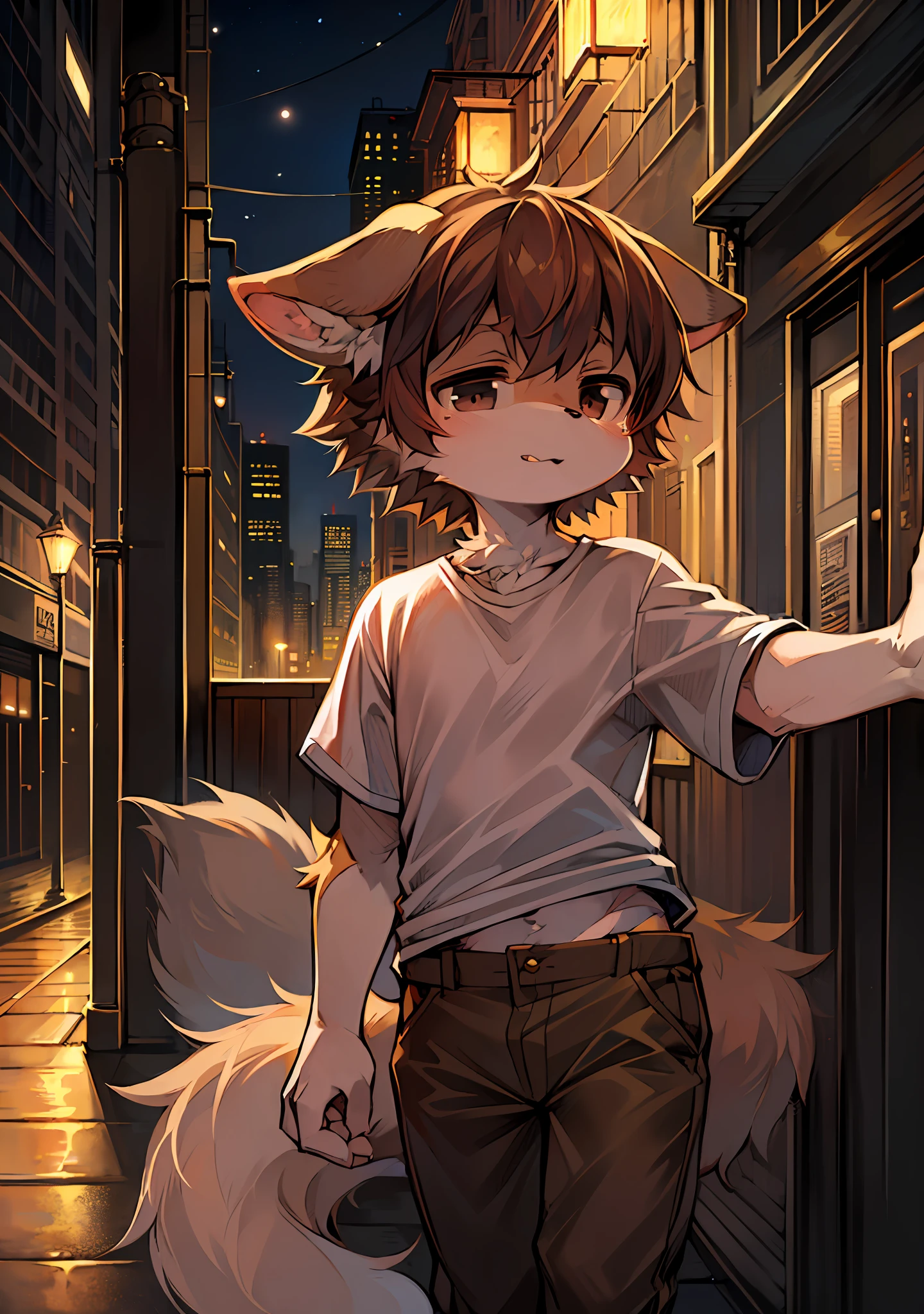 (Bright Environment: 0.8), Masterpiece, High Quality, Abstract Res, Digital Painting\(Artwork\), by Dagasi, Yupa, Kiyosan, (Anthro, Fluffy Fur, Character Focus: 1.1), Anthro Male Cat, Short Hair, Portrait , bright eyes, panorama, character focus. (Background: 0.7), Solo, Furry, Furry Male, Male Focus, Anthr, (Full Body Fur, A Fluffy Tail, Gray Fur, Black Eyes, Brown Hair: 1.2), (Long Canine, White T-Shirt, Brown Pants: 1.2), (Exterior, Morning, City, Facing Me: 1.1)