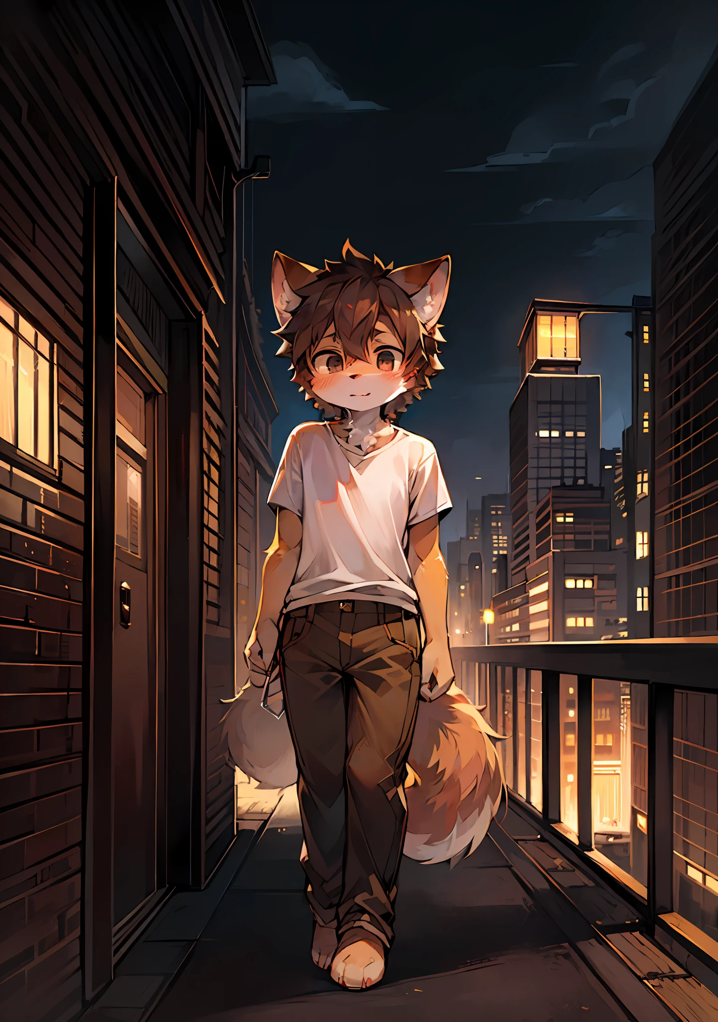 (Bright Environment: 0.8), Masterpiece, High Quality, Abstract Res, Digital Painting\(Artwork\), by Dagasi, Yupa, Kiyosan, (Anthro, Fluffy Fur, Character Focus: 1.1), Anthro Male Cat, Short Hair, Portrait , bright eyes, panorama, character focus. (Background: 0.7), Solo, Furry, Furry Male, Male Focus, Anthr, (Full Body Fur, A Fluffy Tail, Gray Fur, Black Eyes, Brown Hair: 1.2), (Long Canine, White T-Shirt, Brown Pants: 1.2), (Exterior, Morning, City, Facing Me: 1.1)
