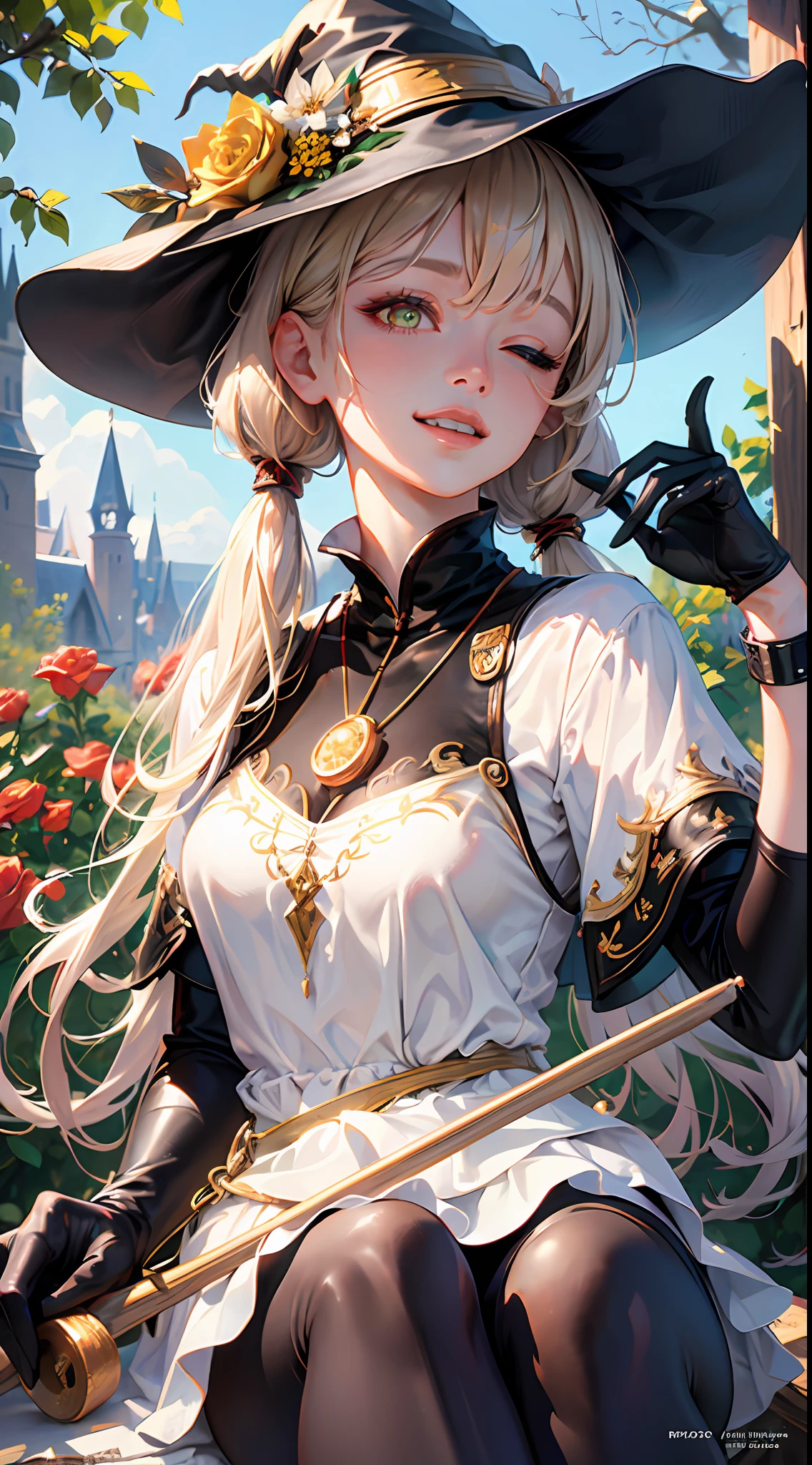 (RAW photo:1.2), (photorealistic:1.4),(masterpiece:1.3),(best quality:1.4),ultra high res ,HDR,8k resolution, solo focus, (bangs:1.1), skin tight, (shiny skin),(slender girl) , black clothes, black cat, full-length picture , beautiful castle, ((one eye closed)),
dreamlike,full body, black Pantyhose, (extreme detailed illustration),check commentary,commentary request,scenery,no text,VirtualGirl-Aim, small breasts, straight hair, very long hair , twintails, blonde hair, yellow eyes, skinny, golden jewelry , {{flowers}}, 1girl, upper body,crystal pendant,cute, innocent, white dress, sad smile,black gloves, outdoors, garden, red rose, {witch}, ((Witch hat)),(broom riding, ), grin,, masterpiece, best quality,