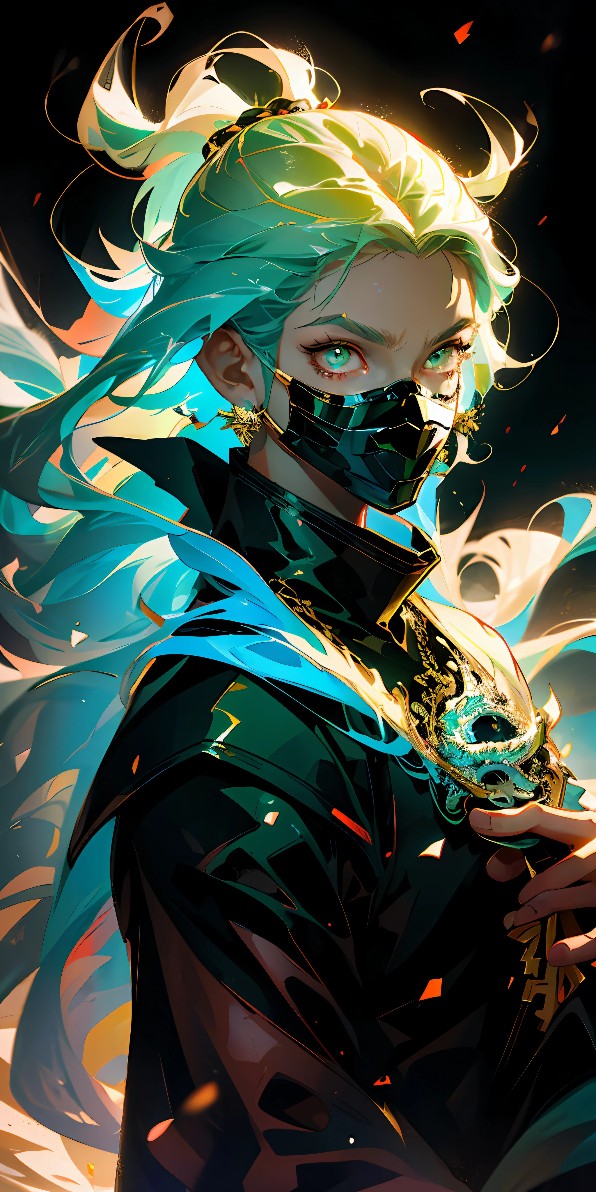((1boy, wearing golden dragon necklace, with golden eyes)), from anime with green and black hair, with golden eyes, yellow eyes and a mask holding a Japanese sword, digital anime art, key anime art, trend in artstation pixiv, badass 8k anime, detailed digital anime art, cute face in demon slayer art, digital anime illustration, 8k anime art wallpaper, digital - anime art, detailed anime character art, 4k anime style, anime art, golden look