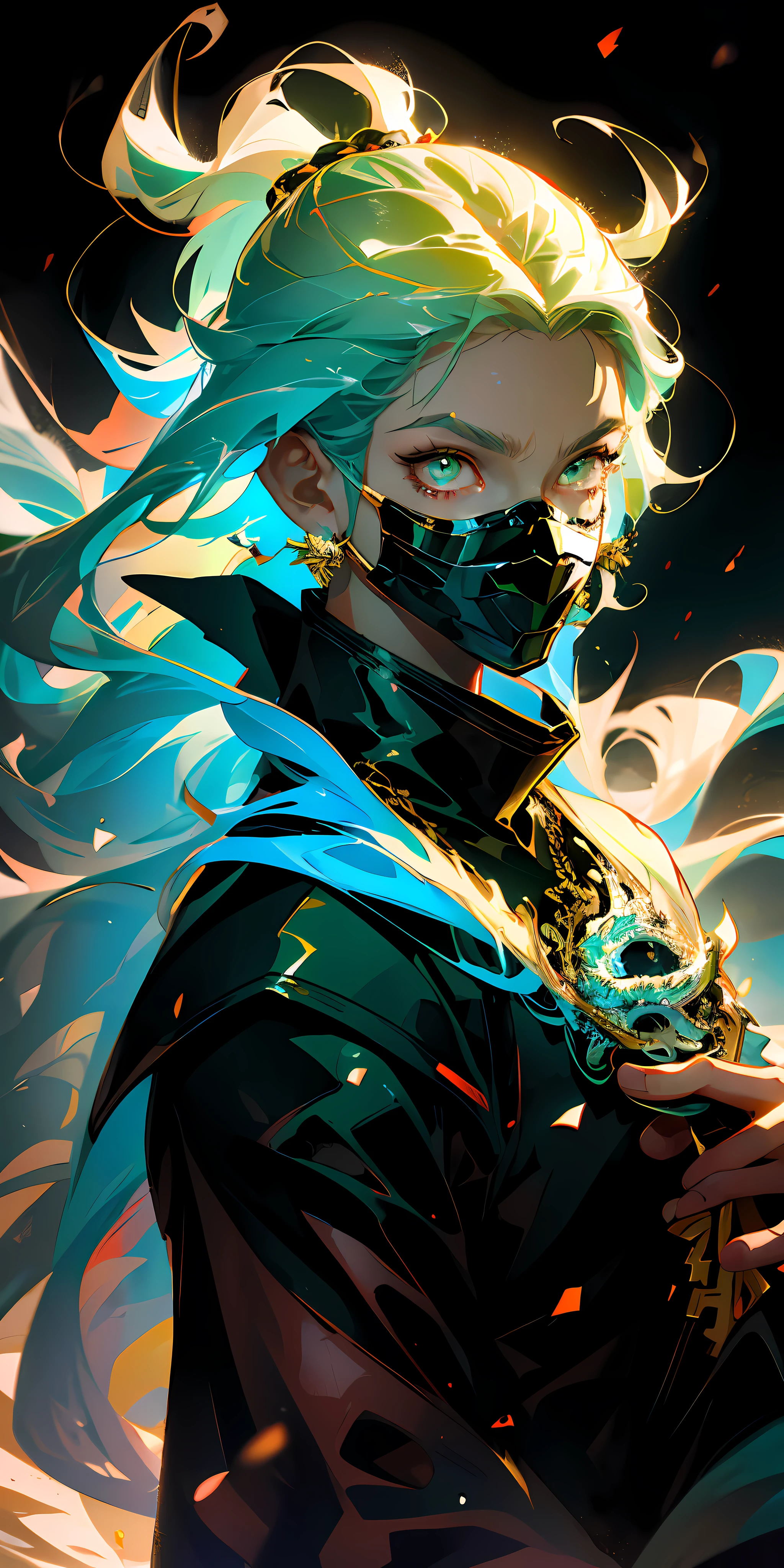 ((1boy, wearing golden dragon necklace, with golden eyes)), from anime with green and black hair, with golden eyes, yellow eyes and a mask holding a Japanese sword, digital anime art, key anime art, trend in artstation pixiv, badass 8k anime, detailed digital anime art, cute face in demon slayer art, digital anime illustration, 8k anime art wallpaper, digital - anime art, detailed anime character art, 4k anime style, anime art, golden look