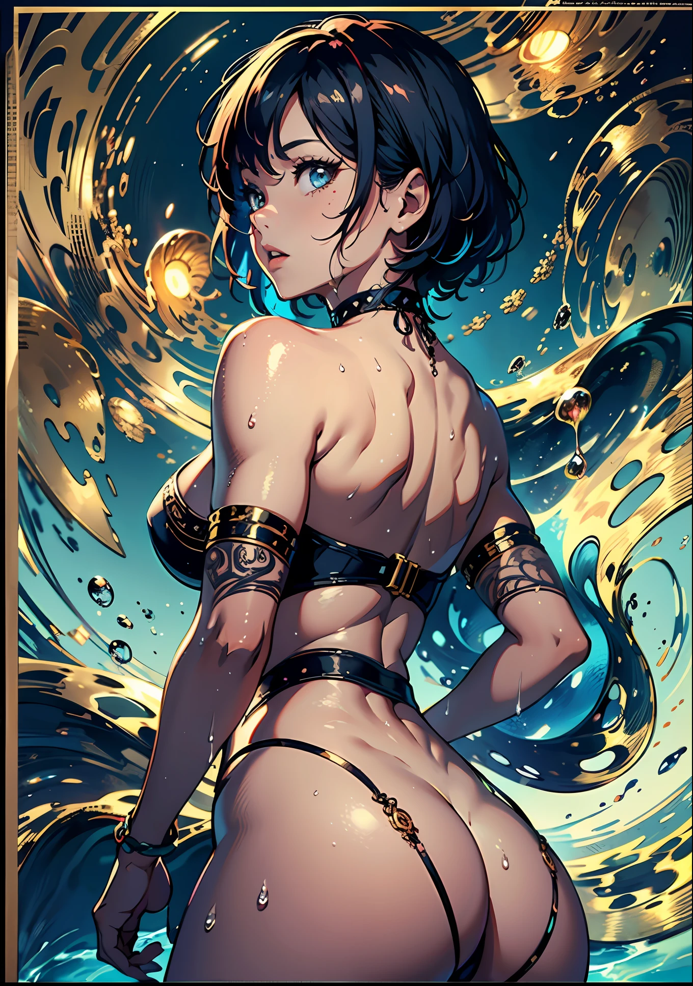 absurdres, highres, ultra detailed, (1 girl: 1.2), (dark tan skin: 1.4), (girl with short blue hair, (muscular:0.7), round ass, black neclace choker), unity 8k wallpaper, Dynamism, cinematic shot, intricate details, (visible skin: 1.3), tease, playful expression, (masterpiece, ultra highres, detailed background:1.5), (intricate surroundings: 1.3), (elaborate scenery:
1.3), (rich textures: 1.3), (detailed lighting: 1.2), (vivid color palette: 1.2), seductive pose, water, wet, water drops, sweat, beach