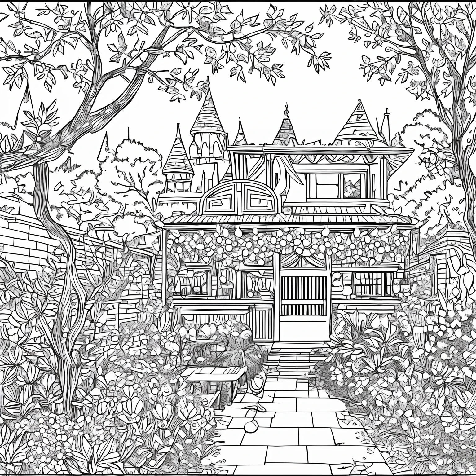 (high definition, 8k) Coloring book style, black and white, cute and cute Abyssinian cat in garden with trees and flowers, Disney style, Pixar style, monochrome --auto