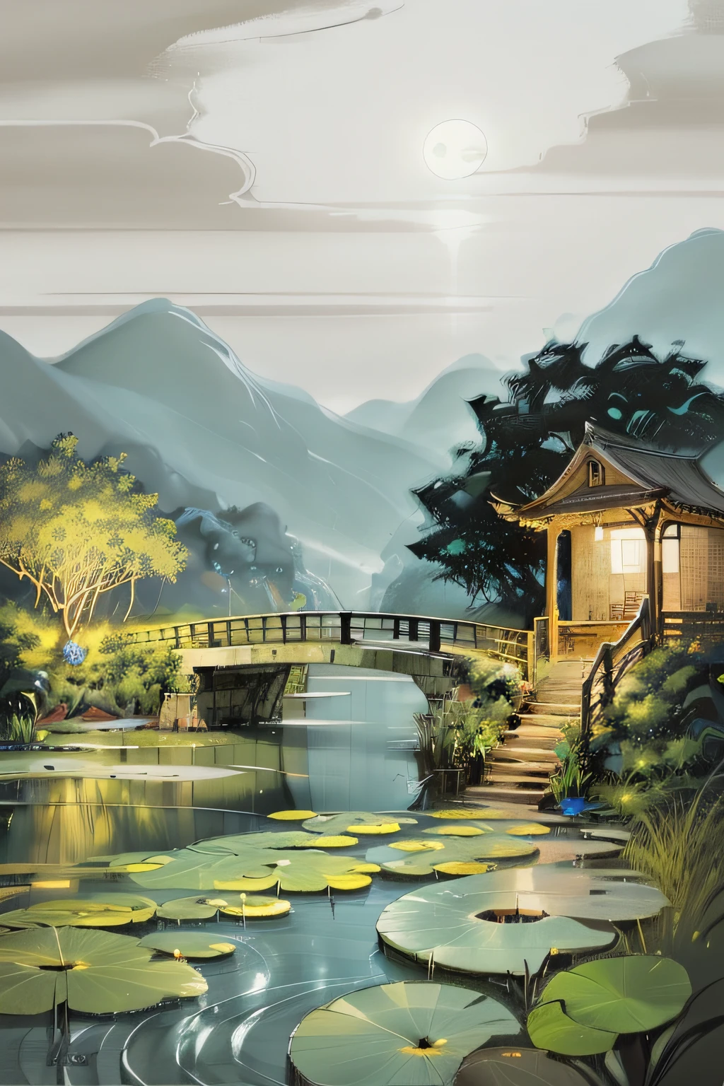 masterpiece, best quality, art style, a Brazilian night scene with lanterns and water lilies, Asian lagoon with many lanterns and boats night scene with many lights and boats on the water, lake surface, lotus flowers, beautiful night scene, ((((Brazilian art style)))), with vast sky, continuous mountains and steep cliffs, paint washing style, contour light, atmospheric atmosphere, depth of field, rising mist, yellow ypes, amazonian chestnut trees, octagonal stone pavilion, waterfall running water, large full moon, (No color), Monochrome, light color,