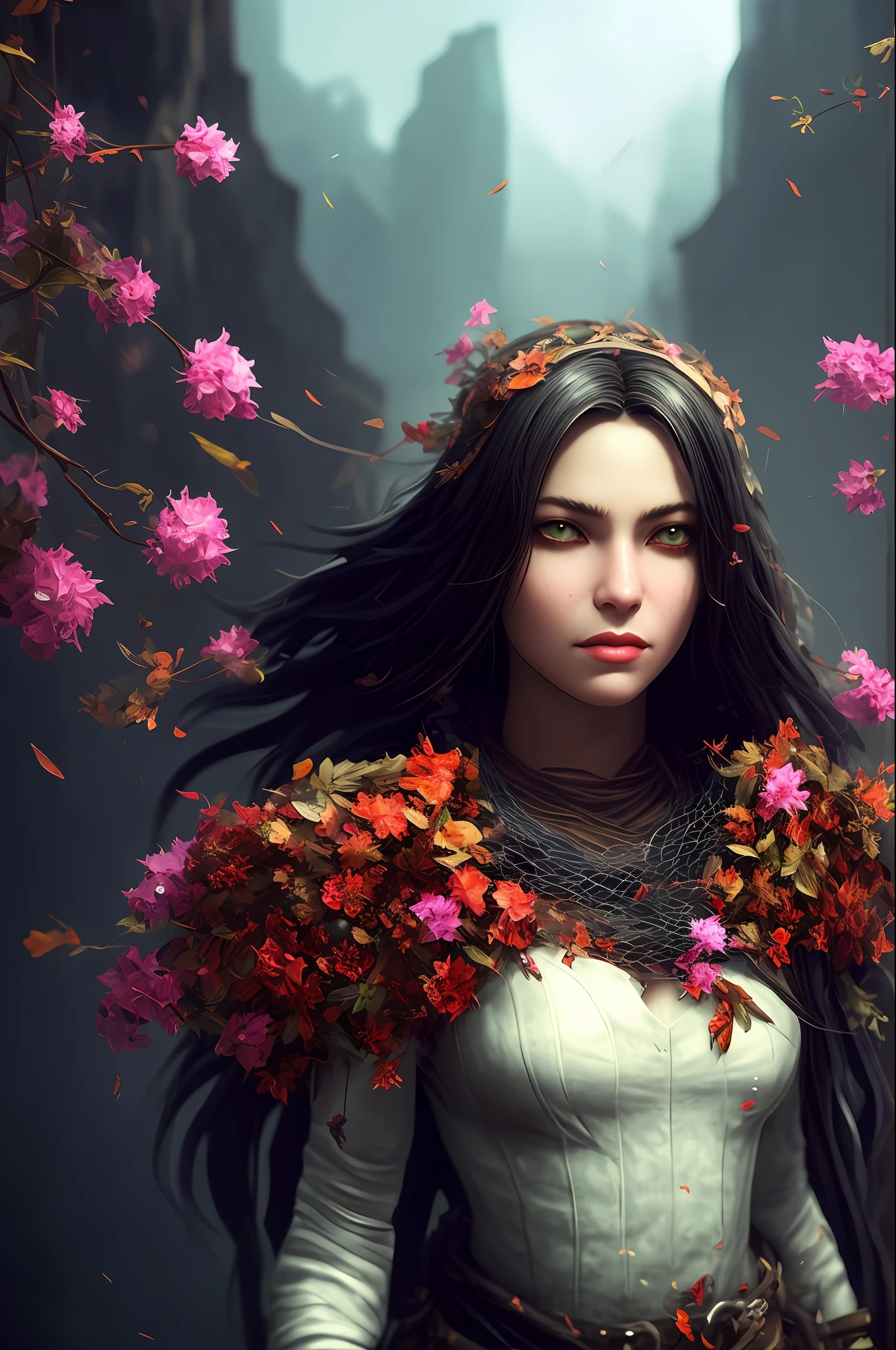 Imagine that the skin of this creature girl looks like it was made of a fishing net, with leaves and flowers growing on her body. Digital Epic Fantasy, Symmetrical Concept Art, Sinister Fantasy Illustration, Symmetrical Epic Fantasy Art, Epic Fantasy Science Fiction Illustration, Epic Fantasy Art Style, Epic Anime Art, Symmetrical Fantasy RPG Portrait, Anton Fadeev and Dan Mumford, (Masterpiece, Top Quality, Best Quality, Official Art, Beauty and Aesthetics: 1.2), Extreme Detail, (Fractal Art: 1.3), Colorful, Most Detailed, Full Body Pose, Cute Surrealist Photo, 8 K, Octane Beautifully Rendered, Very detailed, intricate, epic composition, cinematic lighting, masterpiece, art station trend, very, very detailed, stunning, HDR, smooth, sharp focus, high resolution, award-winning, award-winning photo, DSLR, 5 0 mm