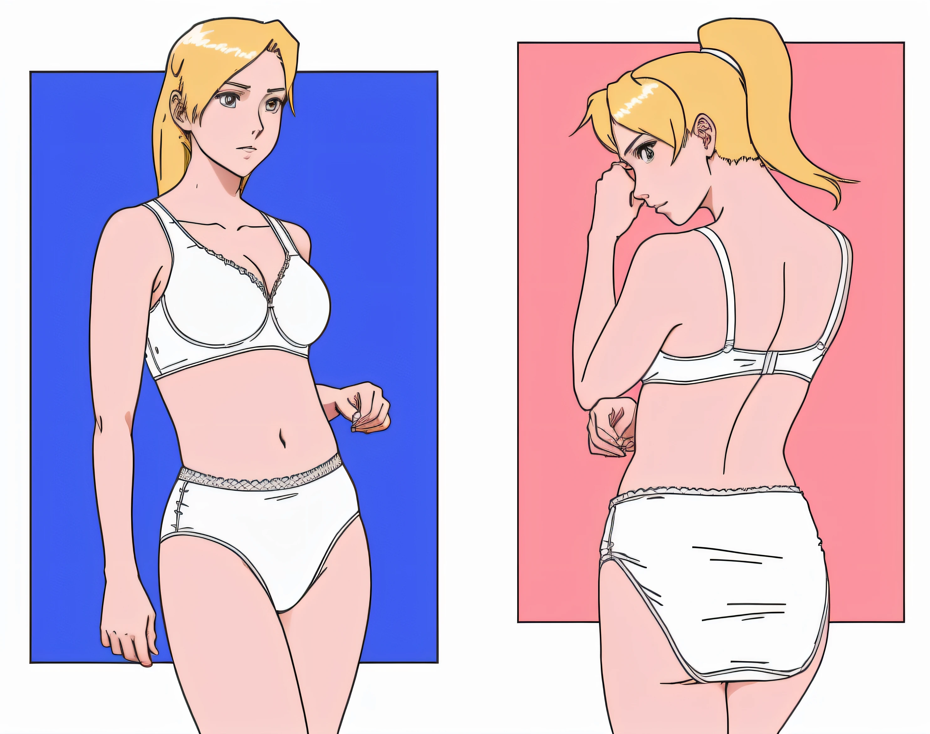 blonde woman in white bra and white cotton panties, anime art style, intricate details, turnaround