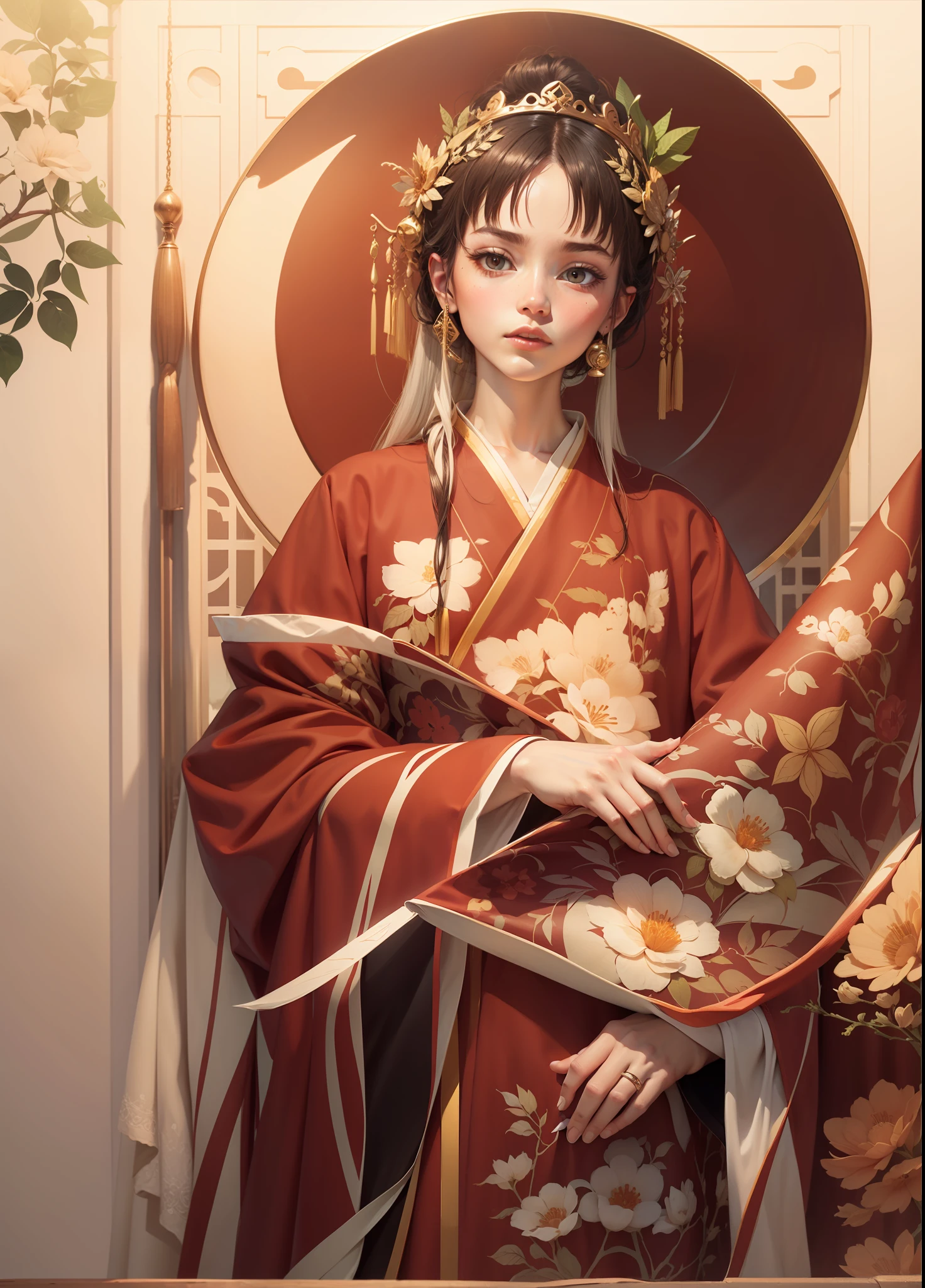 Wide sleeves, scroll in hand.