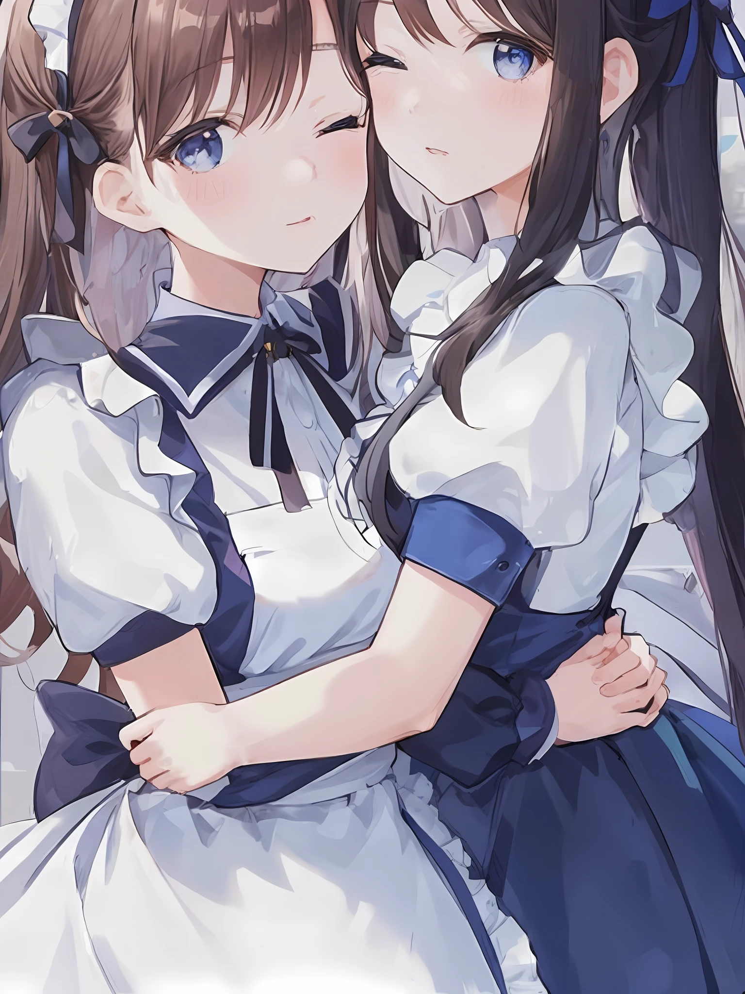 anime, two girls, one with long hair, hugging, one with long hair, anime girls, two beautiful anime girls, characters from azur lane, anime girl in a maid costume, clean detailed anime art, kantai collection style, from the azur lane videogame, anime moe artstyle, azur lane style, maid outfit, anime cover