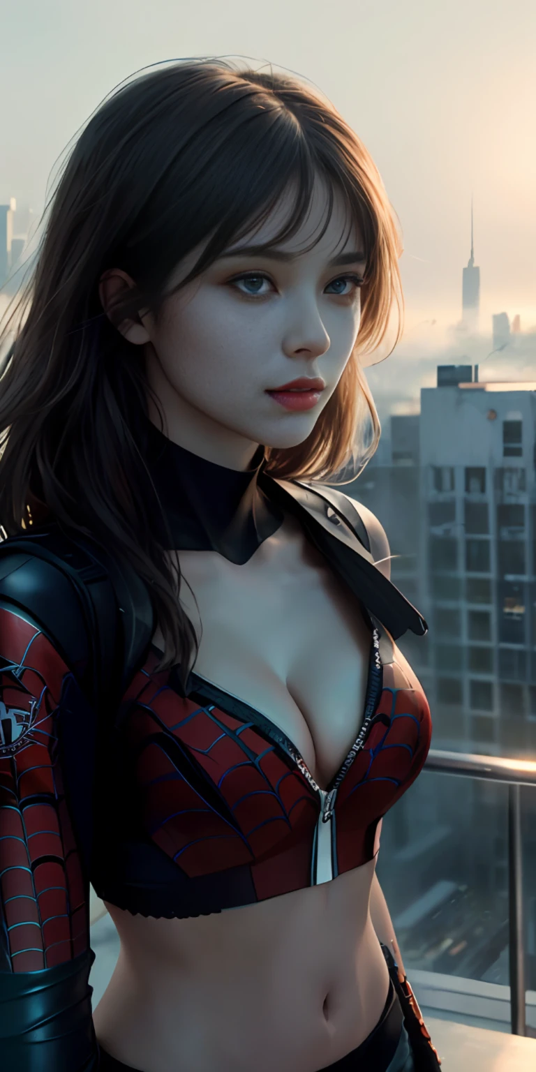 (1girl:1.3), Solo, (((Very detailed face)))), ((Very detailed eyes and face)))), Beautiful detail eyes, Body parts__, Official art, Unified 8k wallpaper, Super detailed, beautiful and beautiful, beautiful, masterpiece, best quality, original, masterpiece, super fine photo, best quality, super high resolution, realistic realism, sunlight, full body portrait, amazing beauty, dynamic pose, delicate face, vibrant eyes, (from the front), She wears Spider-Man suit, red and black color scheme, ((cleavage, reveal breast, navel)) spider, very detailed city roof background, rooftop, overlooking the city, detailed face, detailed complex busy background, messy, gorgeous, milky white, highly detailed skin, realistic skin details, visible pores, clear focus, volumetric fog, 8k uhd, DSLR, high quality, film grain, fair skin, photo realism, lomography, futuristic dystopian megalopolis, translucent