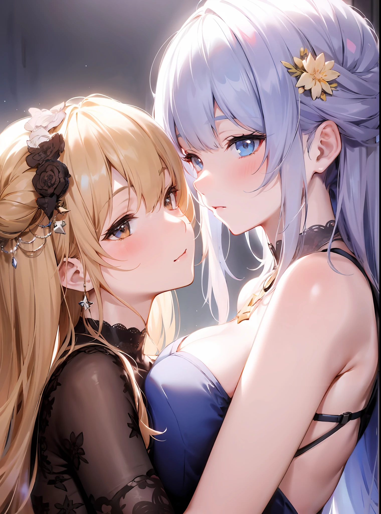 anime couple hugging each other in a dark room, fine details. girls frontline, two beautiful anime girls, wlop and sakimichan, from girls frontline, from the azur lane videogame, m4 sopmod ii girls frontline, girls frontline cg, girls frontline universe, girls frontline style, artwork in the style of guweiz, azur lane style