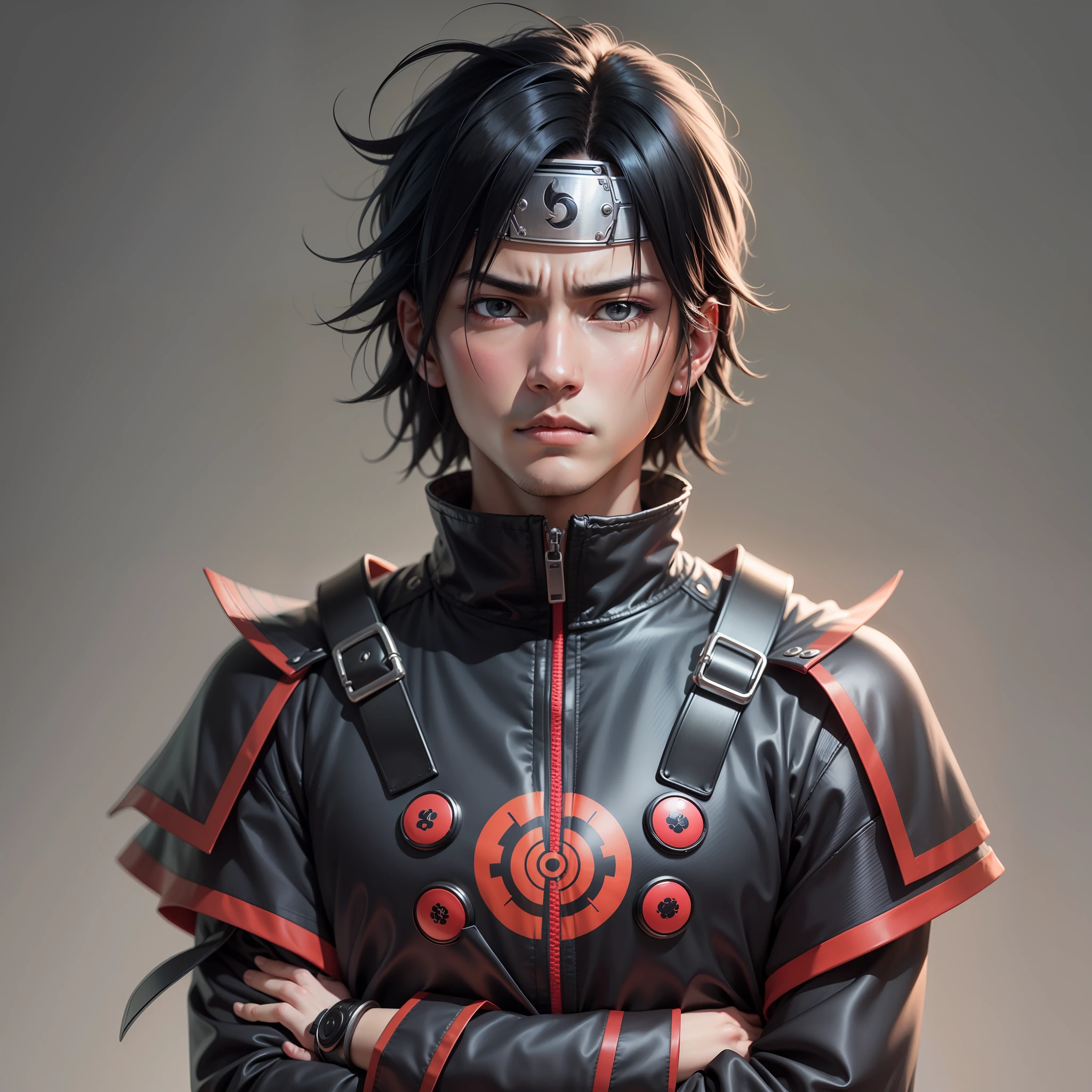 Uchiha Sasuke, expressionless, looking at the viewer, arms crossed, hair over one eye, Japanese armor, black gloves