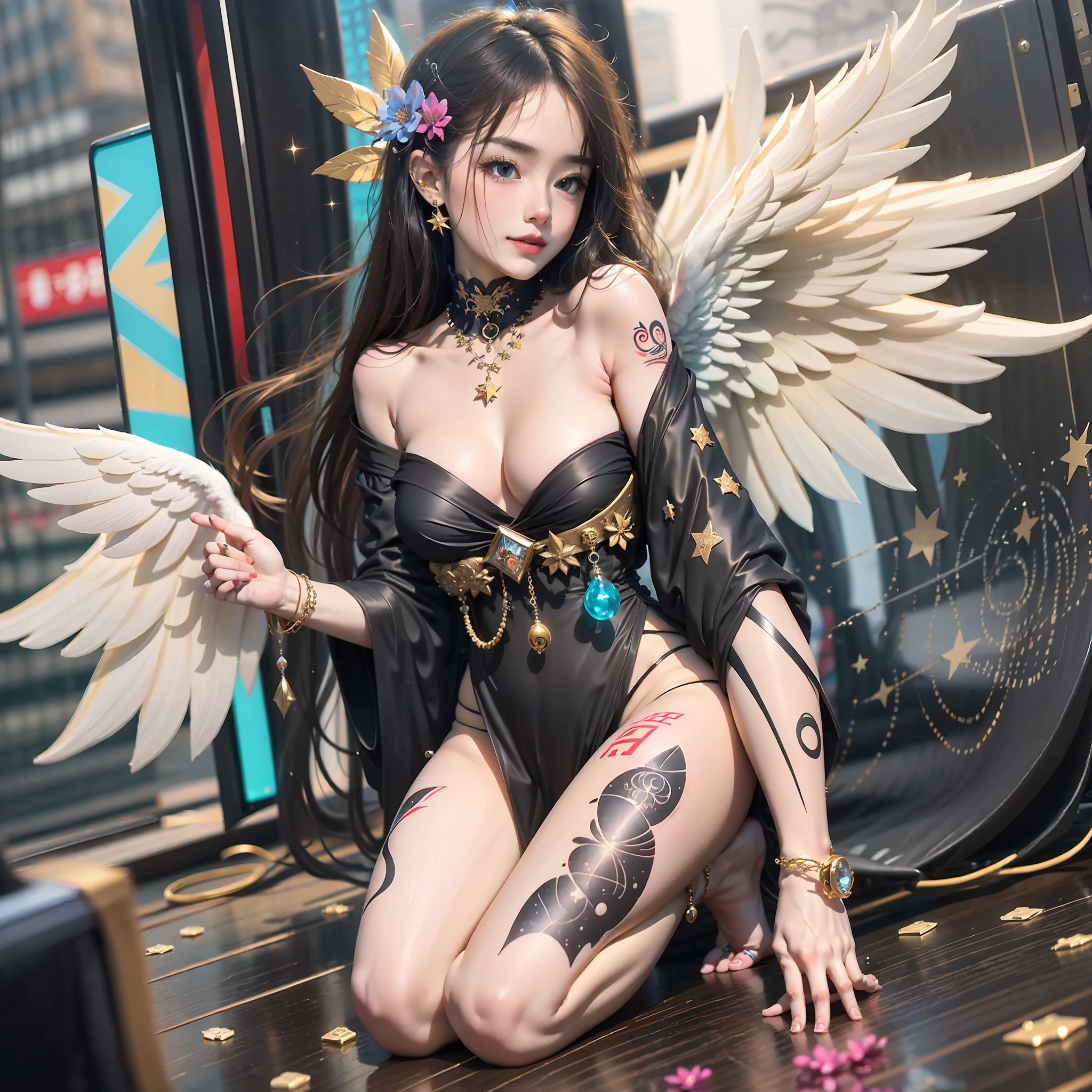 Futuristic fantastic girl on tarot cards, exquisite transparent skin, angel wings, sparkling universe, cyberpunk, full body, cute, sexy, very extreme and detailed details, attractive beautiful face, sparkly jewelry piercings, without breakdown of limbs, clean fingers, zentangle tattoo, floral ornament, flickering stars, golden ratio, Japan person