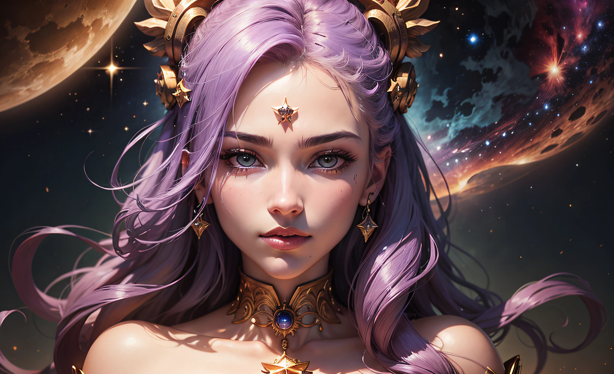 a woman with purple hair and a star on her forehead, portrait of a cosmic goddess, goddess of space and time, an impressive portrait of a goddess, portrait of a beautiful goddess, cosmic goddess, portrait of goddess, celestial goddess, beautiful goddess of lion, a beautiful empress of fantasy, goddess of the galaxies, anime girl with cosmic hair, Divine Feminine Cosmic Power, face only --auto