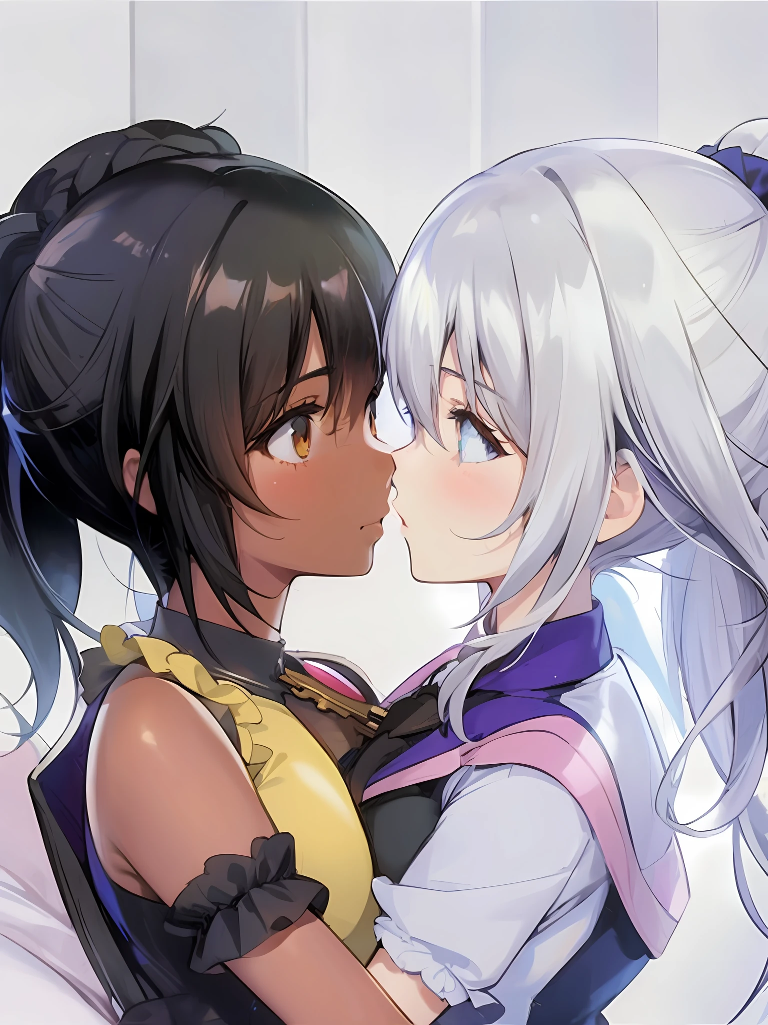 anime, two girls, one with white hair, one with black hair, are kissing, wlop and sakimichan, kissing together cutely, two beautiful anime girls, official art, light novel cover art, anime cover, facing each other, ross tran and ilya kuvshinov, detailed key anime art, nixeu and sakimichan, official artwork