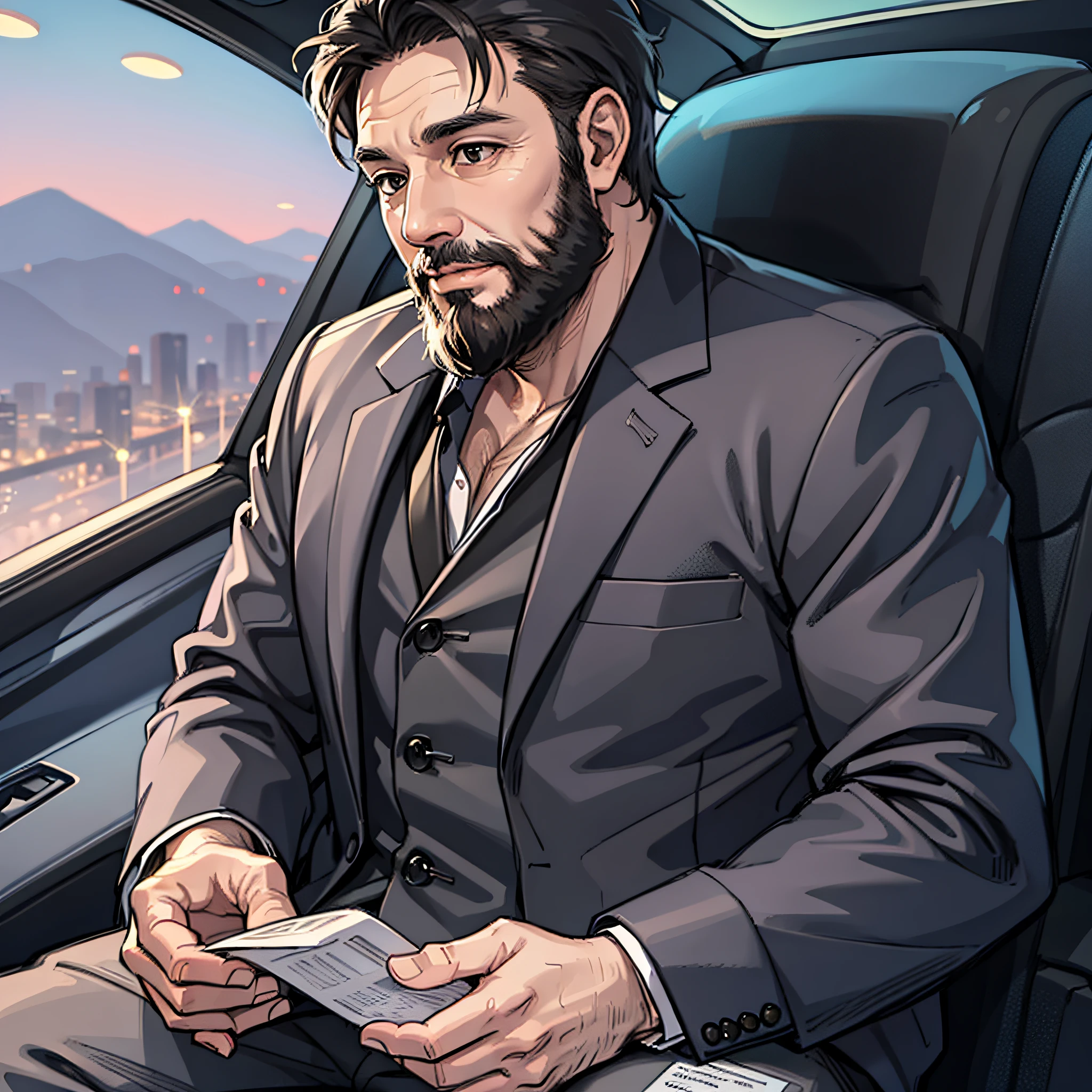A middle-aged man in a black suit, bearded, fat, sitting in a car with a document in his hand, high resolution, 4K