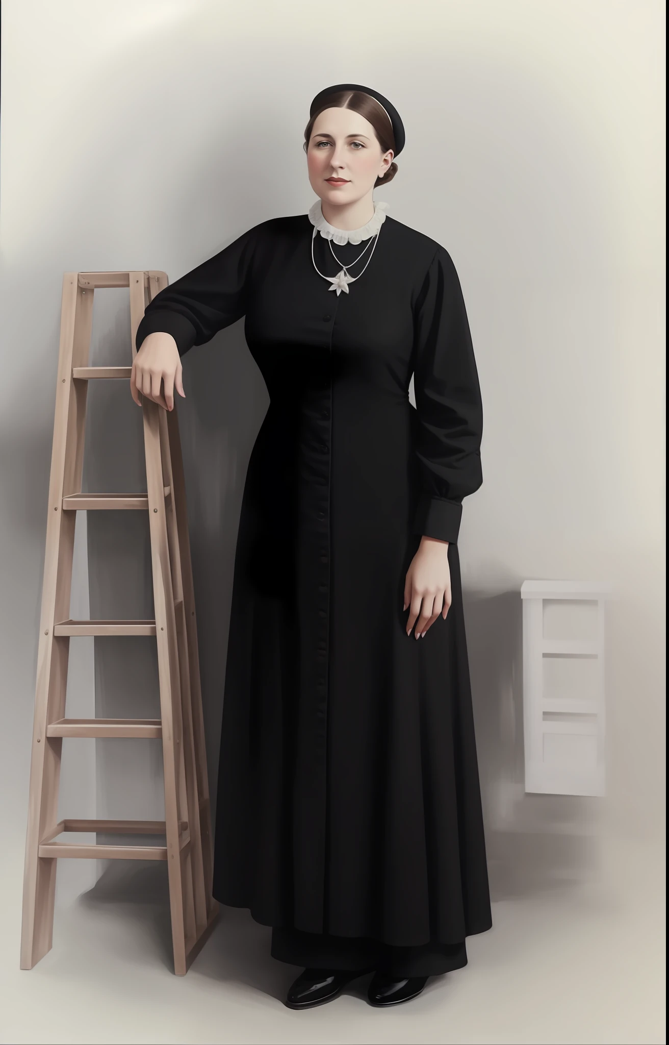 painting of a woman in a black dress standing next to a ladder, full - length portrait, full-length portrait, inspired by Olive Mudie-Cooke, wearing black old dress and hat, colorized 1 9 0 4 photo, colorized photo, full length portrait, a colorized photo, colorized photograph, colourized, inspired by Bessie Wheeler