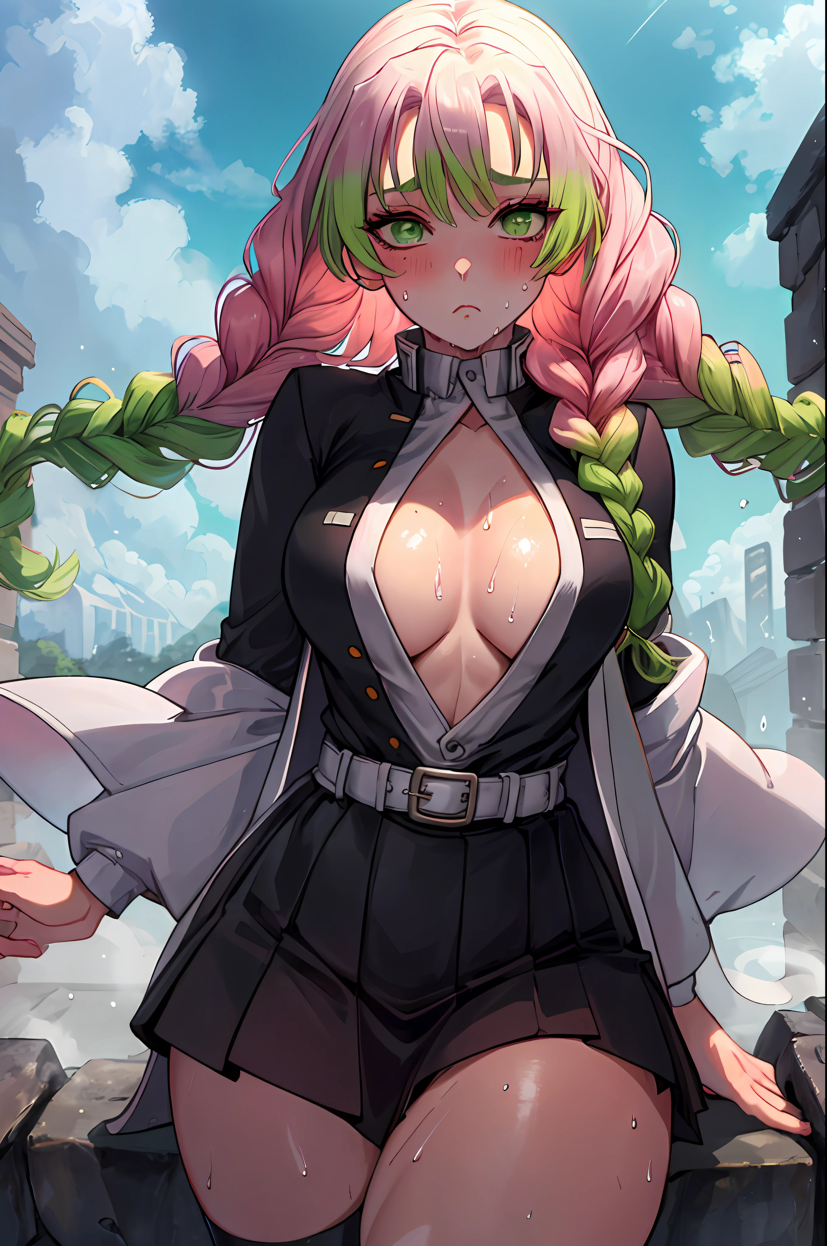 beautiful, (best quality, masterpiece, super detailed: 1.5), perfect lighting, shiny, hires, nature, cobblestone, steam, blue sky, in the distance, whole body, face focus, 1girl, Mitsuri (demon slayer), beautiful girl, beautiful face ((Mitsuri (demon slayer))), a girl with long green-pink gradient hair and green eyes in a long-sleeved jacket with a neckline, white haori, a black skirt with a silver belt and green striped hips,   pink hair, green hair, gradient hair, multicolored hair, long hair, bangs, double braids, green eyes, demon slayer uniform, long sleeve jacket, white haori, black skirt, silver belt, green striped thighs, blush, sweat, realistic, chest, wide hips, (thick barbells: 0.9), décolleté, standing, hands behind your back, viewer look, erotica