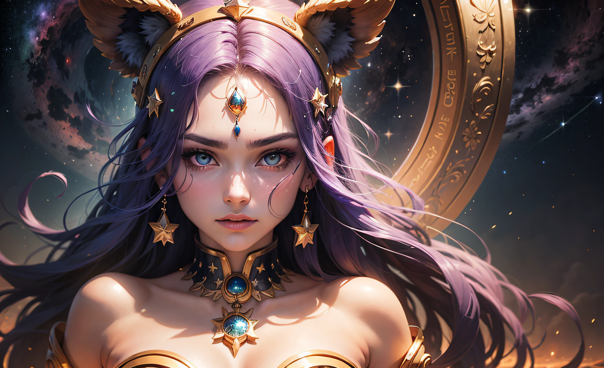 a woman with purple hair and a star on her forehead, portrait of a cosmic goddess, goddess of space and time, an impressive portrait of a goddess, portrait of a beautiful goddess, cosmic goddess, portrait of goddess, celestial goddess, beautiful goddess of lion, a beautiful empress of fantasy, goddess of the galaxies, anime girl with cosmic hair, Divine Feminine Cosmic Power, face only --auto