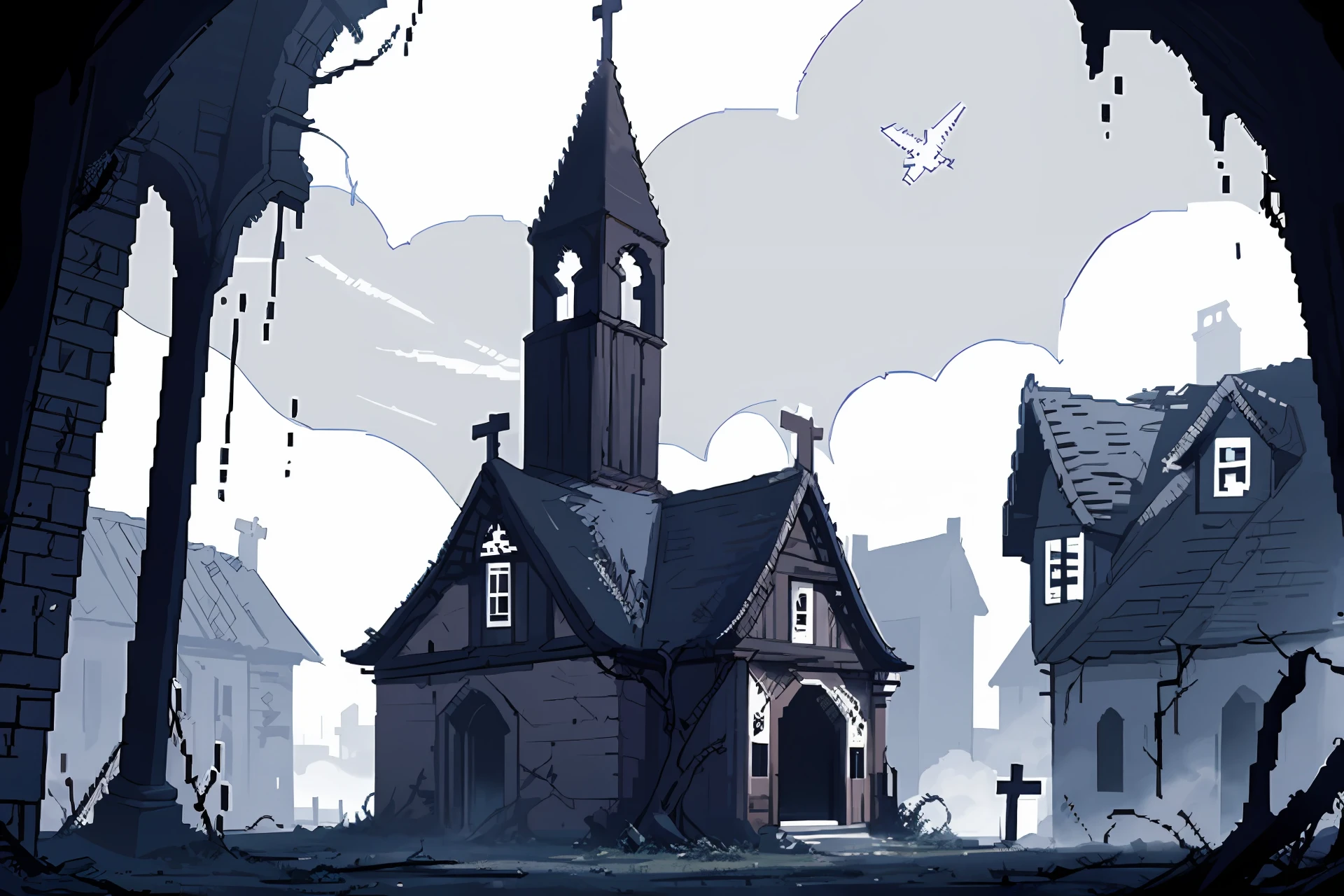 (gothic village), (pixel) (pixel art) (pixel style) crumbling architecture, dead vines cling to stone, church, pixel art, horror, abandoned village, middle ages, cloudy, gothic, lowres, pixelated, limited palette, dither shading