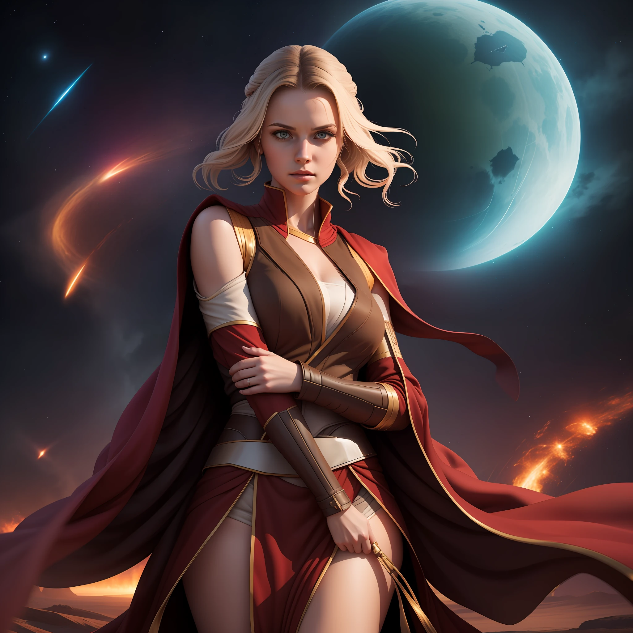 (8K, high resolution, cinematic), Bring to life a captivating digital portrait of a stunning 27-year-old woman with flowing blonde hair, dressed in a sexy Star Wars-themed Jedi outfit. The woman should emanate an air of grace and strength, embodying the spirit of a Jedi warrior. Her eyes should exude a sense of determination and wisdom, reflecting the trials she has faced. The Jedi outfit should be intricately designed, featuring earthy tones and flowing robes that flutter in an imaginary breeze, evoking a sense of both elegance and practicality. The woman's posture should exude confidence, hinting at her skill in combat. Let the background complement the Jedi's aura, whether it be a serene natural landscape or a scene depicting a distant star system. The artwork should capture the essence of this remarkable woman, inviting viewers to imagine her story and the adventures she embarks upon in a galaxy far, far away
