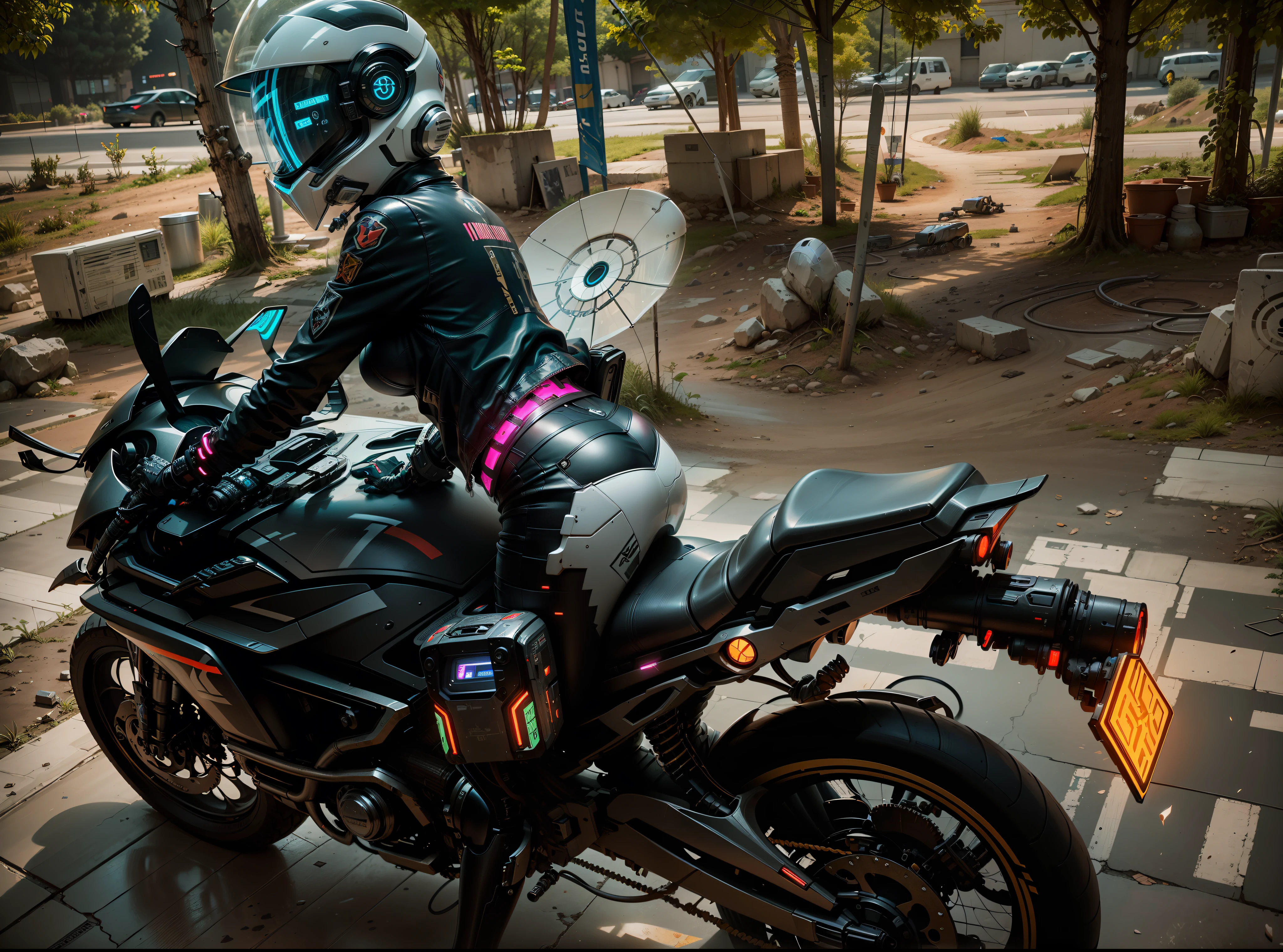 Cute cyberpunk female warrior full body mech, long flowing blonde hair, white tech helmet, biomechanics, MSHN robot, high-tech helmet, surreal, steel, intricate design, crazy details, fine details, extremely clear lines, cinematic lighting, photorealistic, detailed masterpiece