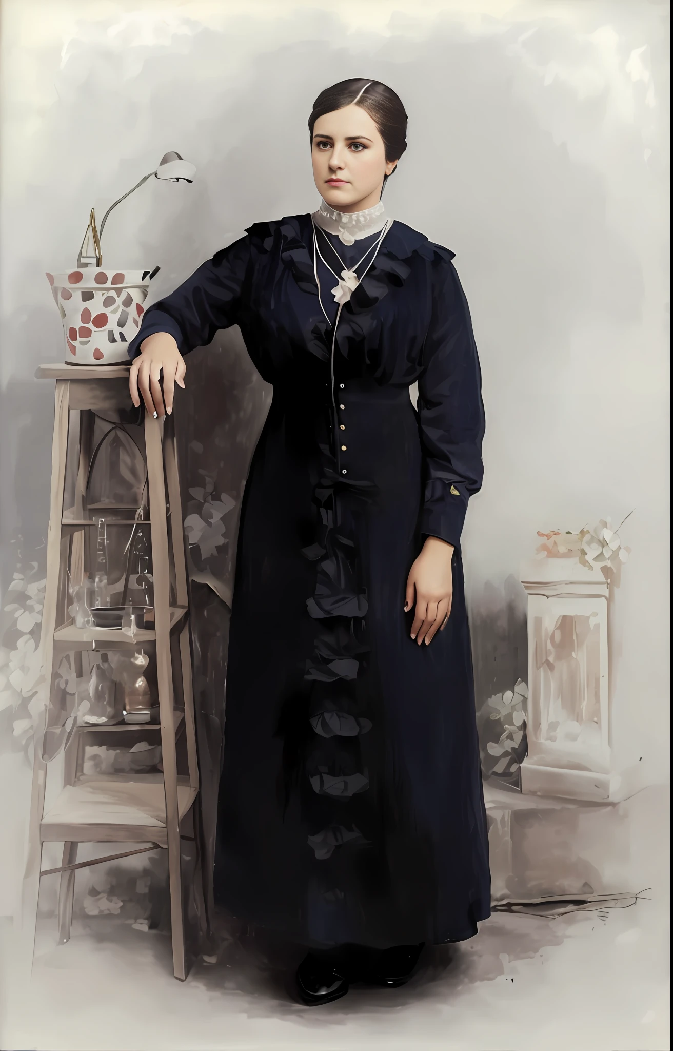 A woman in an old blue dress, in the style of photo-realistic techniques, dark gray and navy, 1900-1917