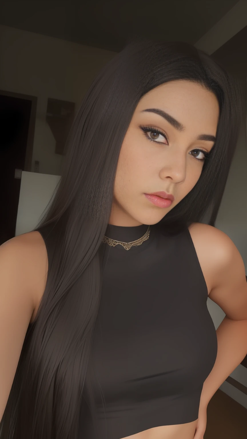 arafed woman with long black hair and a black top, frontal picture, with straight black hair, violet myers, alanis guillen, she is about 1 6 years old, with long dark hair, 18 years old, young woman with long dark hair, ayahausca, 🤤 girl portrait, selfie of a young woman, female with long black hair --auto