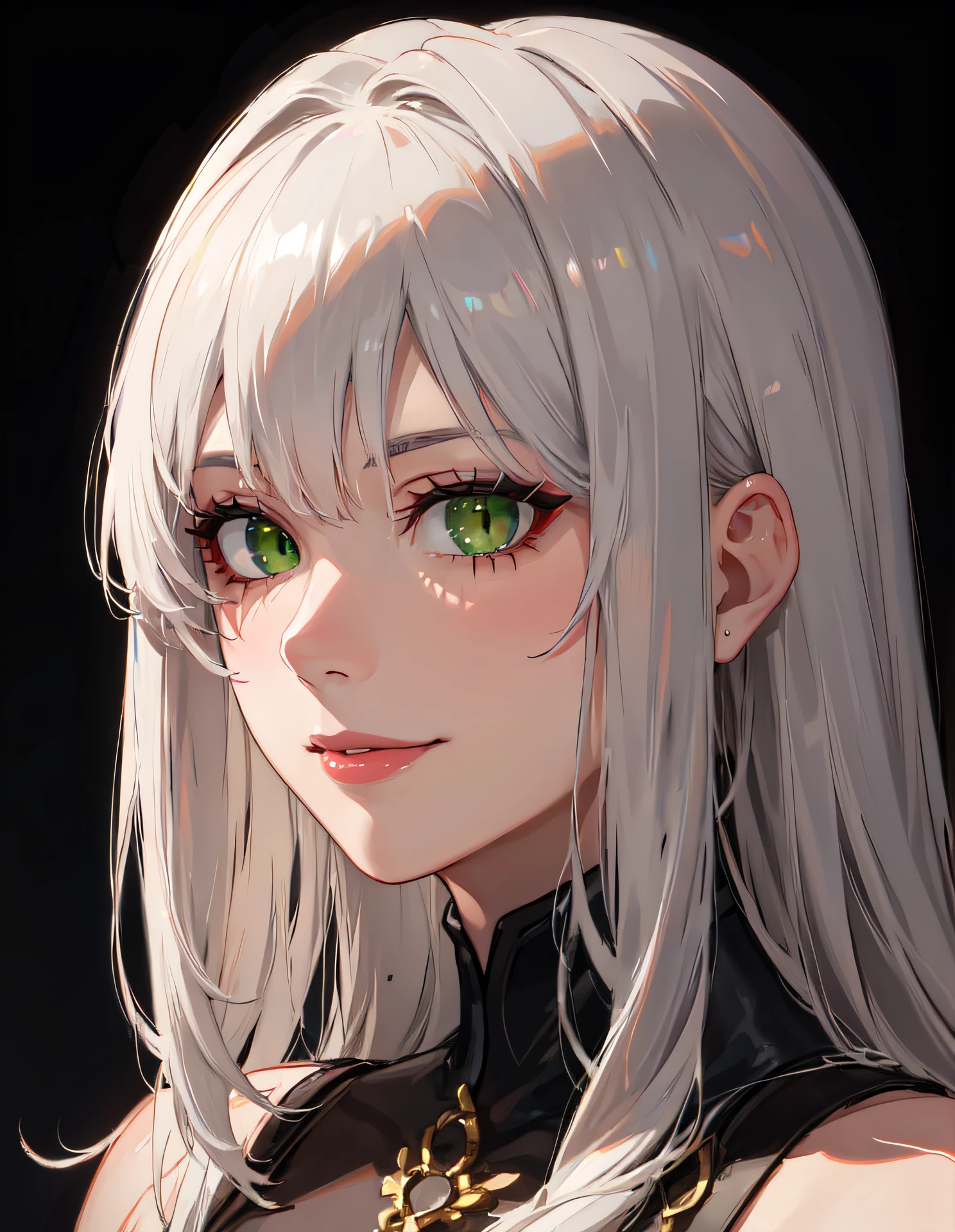 masterpiece, best quality, mature female, (face focus:1.4), snake eyes, (close-up:0.5), large eyes, green eyes, naughty face, smile, closed mouth, lips, portrait, grey hair, (closed mouth)