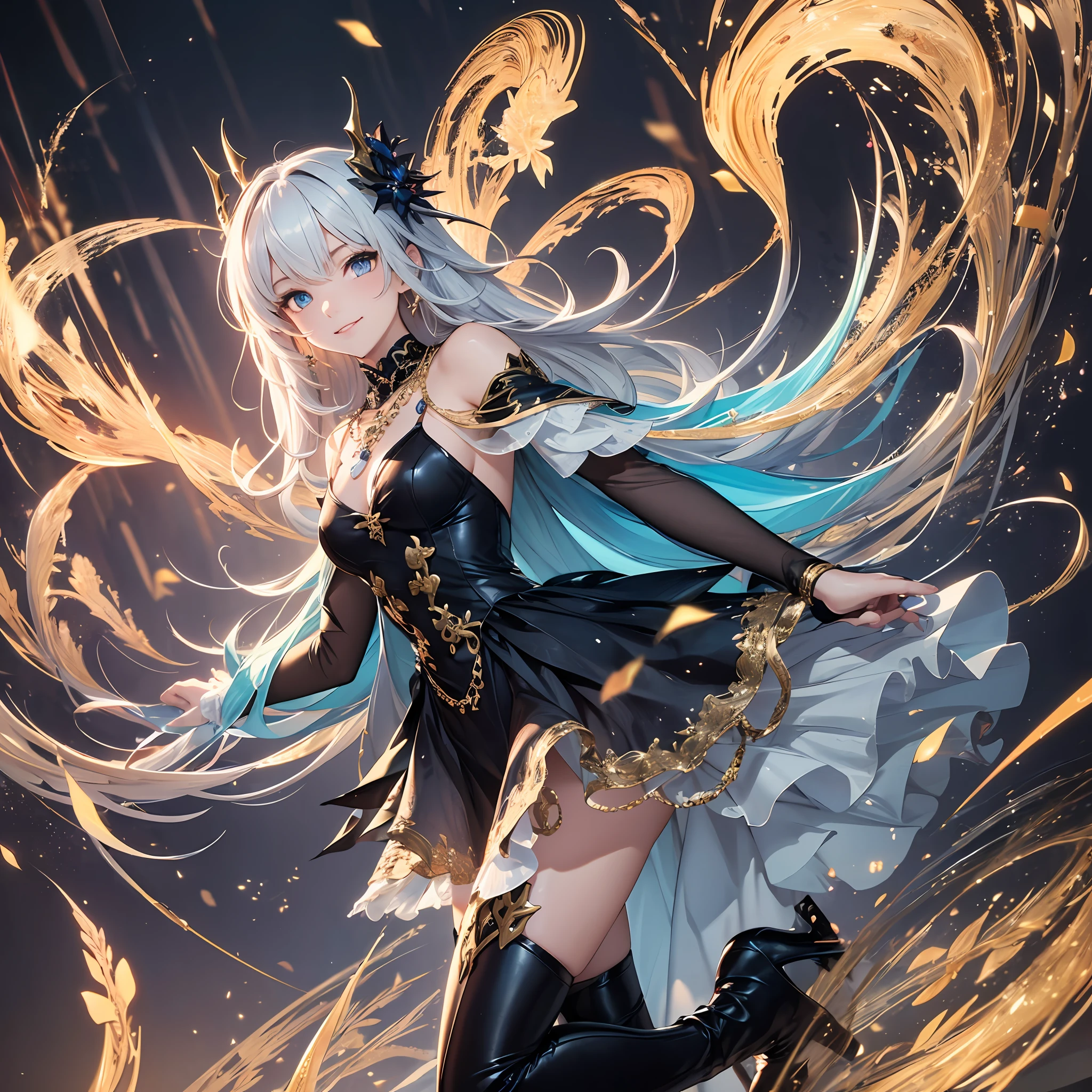 (extremely detailed CG unity 8k wallpaper, masterpiece, best quality, ultra-detailed), (an enchanting and captivating girl, with resplendent golden hair), (elven:0.5), looking at viewer, full body, (dynamic angle, dazzling blue eyes, exquisite necklace, enchanting smile), (a background of magic and mystery, fireflies, glowing particles, ethereal mist, and a touch of darkness), high saturation, cinematic light, rim lighting, best shadow, dancing, dragon tattoo on a leg, streaked hair, enchanting black silk dress, high black boots,