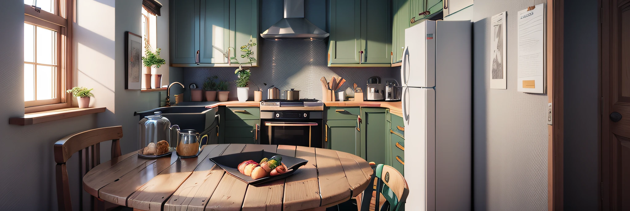 small kitchen with utility products, 3d render image, style drawn