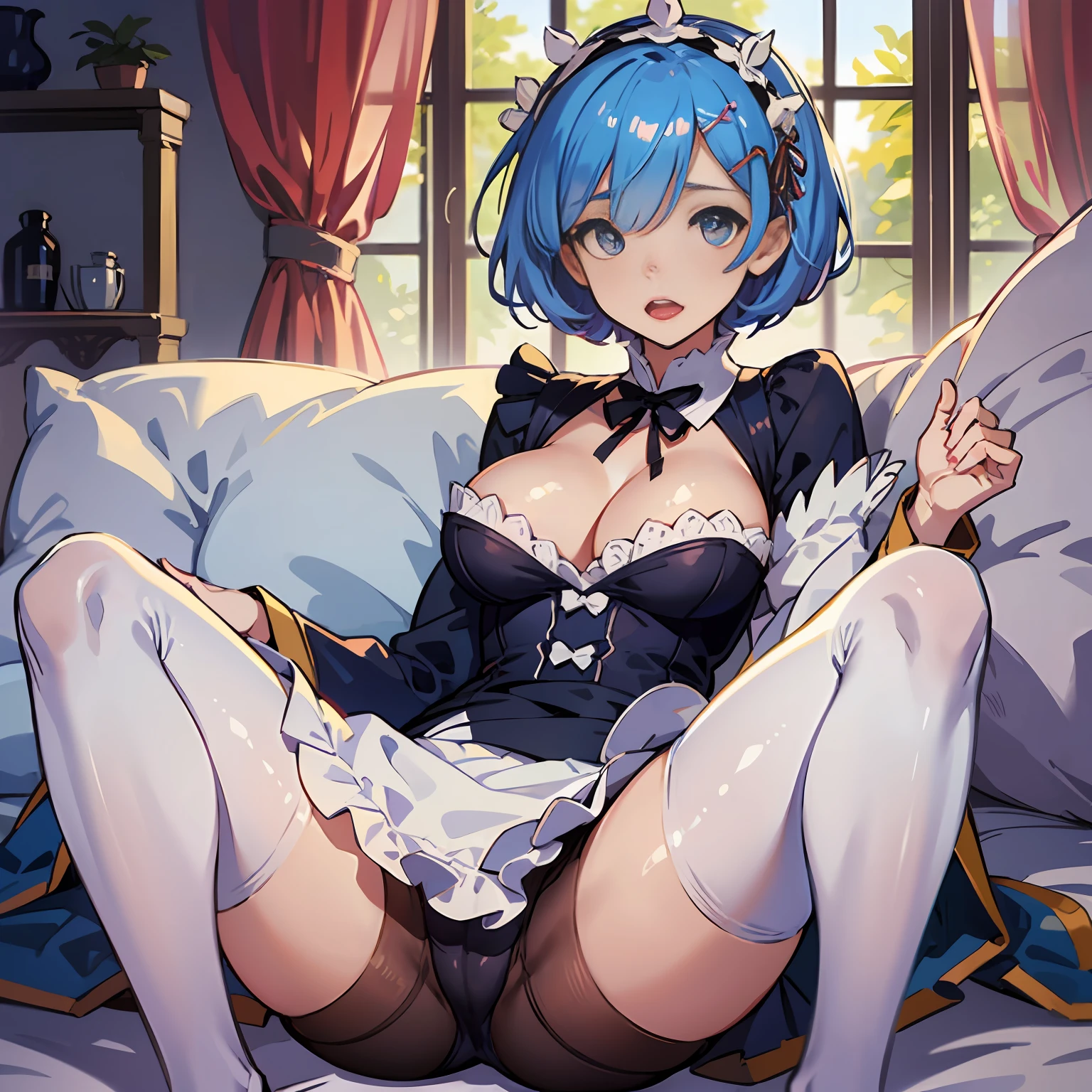 Rem from ReZero, Blue-haired girl, hair covering left eye, maid suit, white pantyhose, huge breasts, thin legs, ahegao, soft eyes, short, two-dimensional hair, covewring her