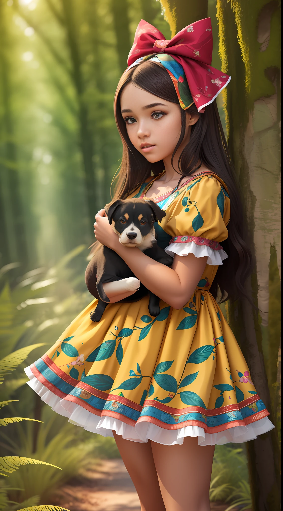 15 year old African american girl in flowery dress with bows on head, (normal 8k eyes),holding a puppy standing,side angle,forest background,vibrant colors16k ultra realistic detailed