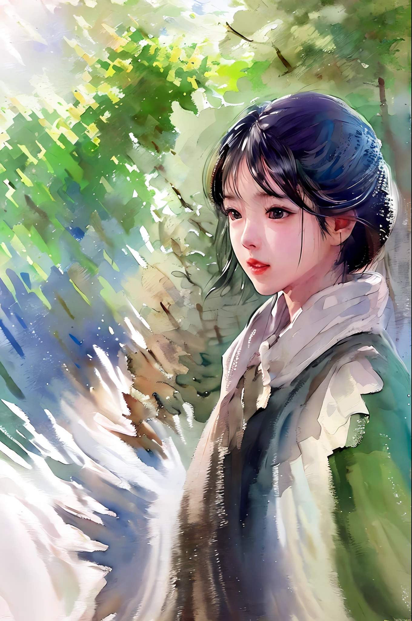 (upper body: 1.5), (white background: 1.4), ((tachi-e)), original work, (illustration: 1.1), (best quality), (masterpiece: 1.1), (extremely detailed CG unity 8k wallpaper: 1.1 ), (color: 0.9), (panorama: 1.4), (full body: 1.05), (single: 1.2), (splash ink), (splash color), ((watercolor)), clear and sharp, { 1girl standing },((chinese style )),(flowers,woods), outdoors, rocks, looking at the viewer, making a happy expression, soft smile, pure, beautyfull detailed face and eyes, beautyfull intricate clothing pattern details , black hair, black eyes, colored water