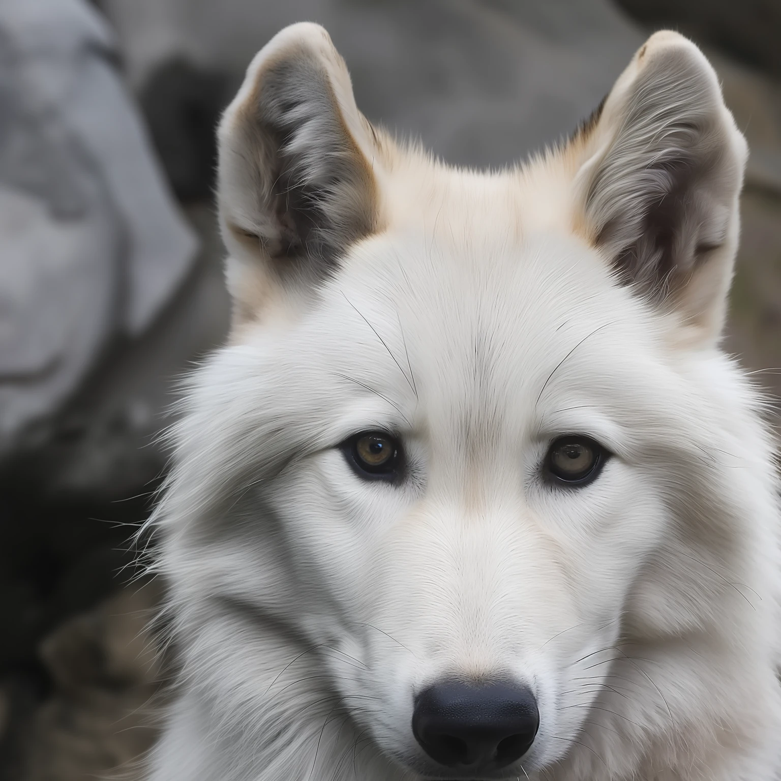 There is a white wolf who is looking at the camera, a white wolf, white wolf, white wolf with blue eyes, portrait of a wolf head, wolf photo, portrait of a wolf, wolf portrait, white fox - hair, retarded wolf portrait, with a white snout, headshot of young hairy female, alpha wolf head, wolf skin head,wets the bottom