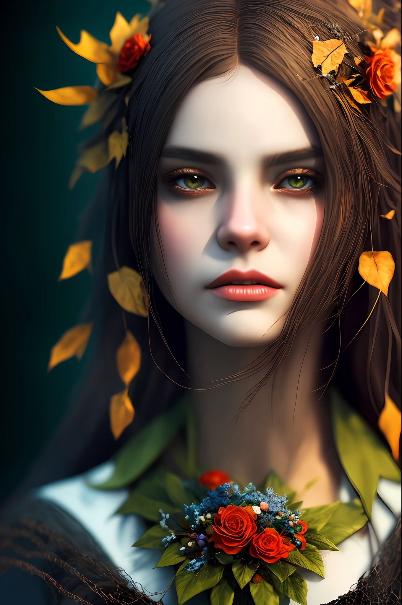 Imagine that the skin of this creature girl looks like it was made of a fishing net, with leaves and flowers growing on her body. Digital Epic Fantasy, Symmetrical Concept Art, Sinister Fantasy Illustration, Symmetrical Epic Fantasy Art, Epic Fantasy Science Fiction Illustration, Epic Fantasy Art Style, Epic Anime Art, Symmetrical Fantasy RPG Portrait, Anton Fadeev and Dan Mumford, (Masterpiece, Top Quality, Best Quality, Official Art, Beauty and Aesthetics: 1.2), Extreme Detail, (Fractal Art: 1.3), Colorful, Most Detailed, Full Body Pose, Cute Surrealist Photo, 8 K, Octane Beautifully Rendered, Very detailed, intricate, epic composition, cinematic lighting, masterpiece, art station trend, very, very detailed, stunning, HDR, smooth, sharp focus, high resolution, award-winning, award-winning photo, DSLR, 5 0 mm