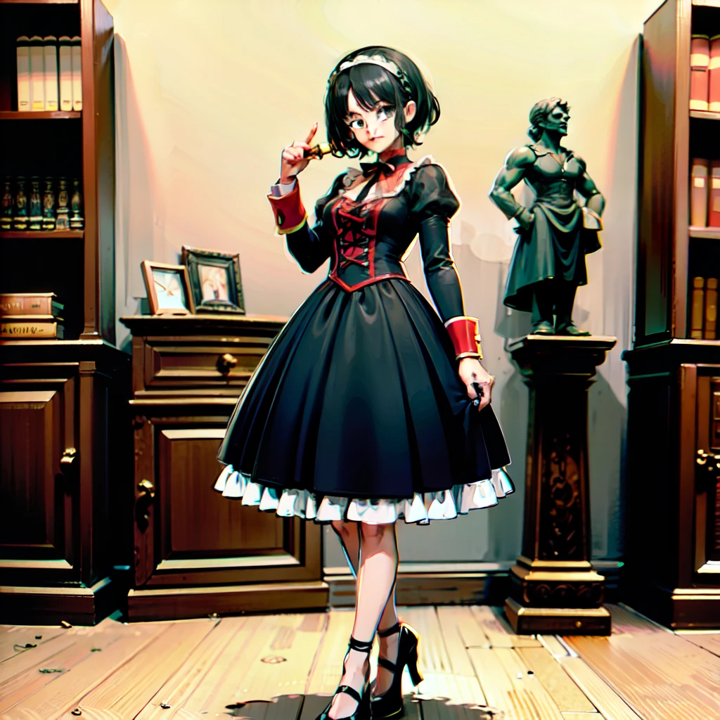 high quality, extremely detailed, lots of image quality, display high quality, beautiful young girl, young girl , girl 16 yearsody image, full body girl, goth girl, girl with short hair, short hair up to neck, curly hair, black hair, hair with braid on the right side of the head, braid on the right side of the head,  light green eyes, green eyes, girl wearing black lolita gothic dress, , girl posing standing inside antique shop, antique shop interior, girl posing smiling for photo, shop with antique items, antique vases, antique books, antique statues, small antique statues, antique weapons in antique shop, beautiful anime girl, small breasts, beautiful breasts,  striking breasts, small-breasted goth girl, retro anime style, 80's anime, 80's retro anime, vibrant colors and solid shadows