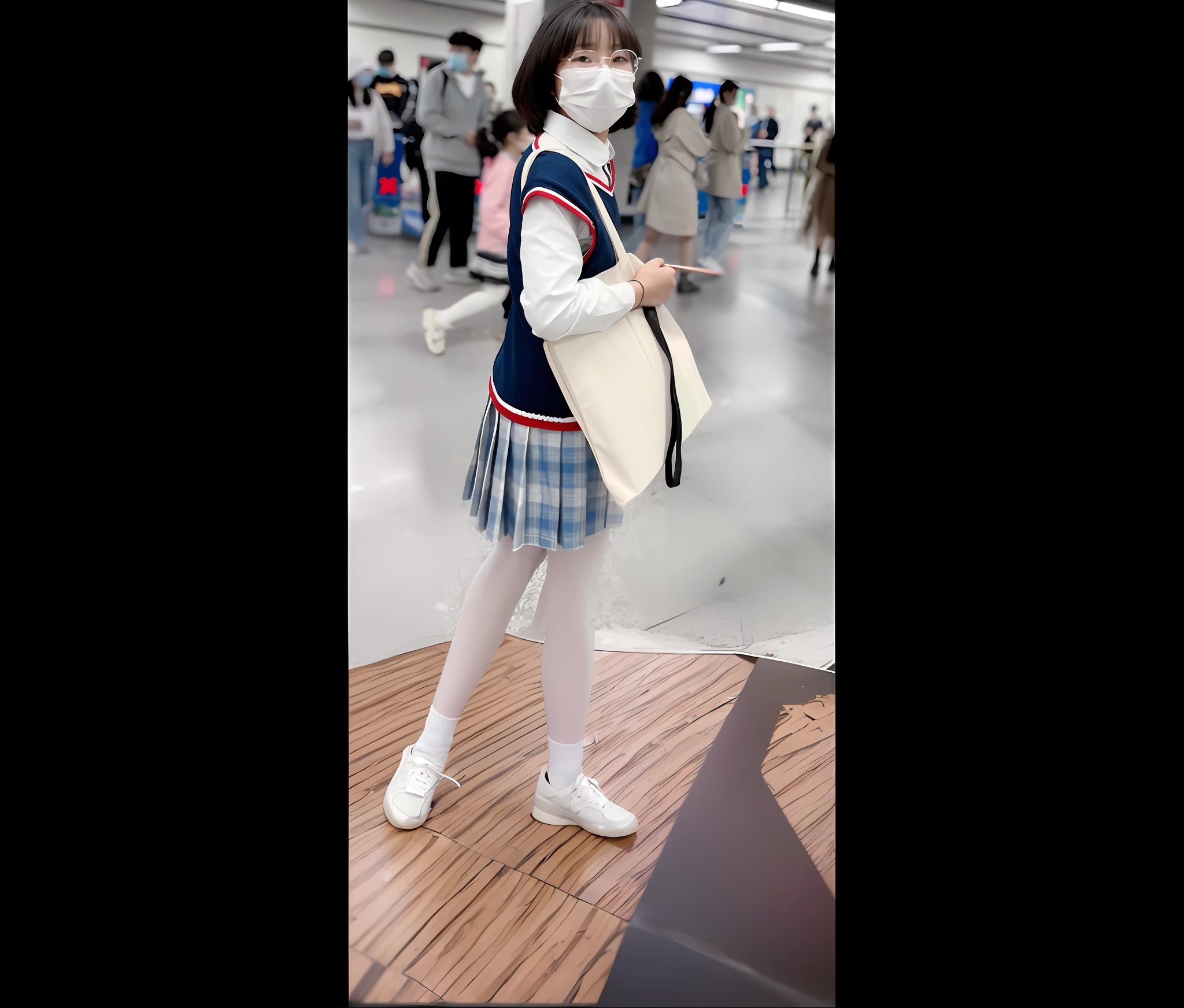 There is a woman in school uniform and mask, Japanese girl school uniform, Japanese school uniform, Chengfu, wearing Japanese school uniform, Chiho, anime girl cosplay, wearing long and fluent clothes, y 2 k style, y2k style, cute schoolgirl, magical school student uniform, anime girl in real life, style anime white silk, white sneakers