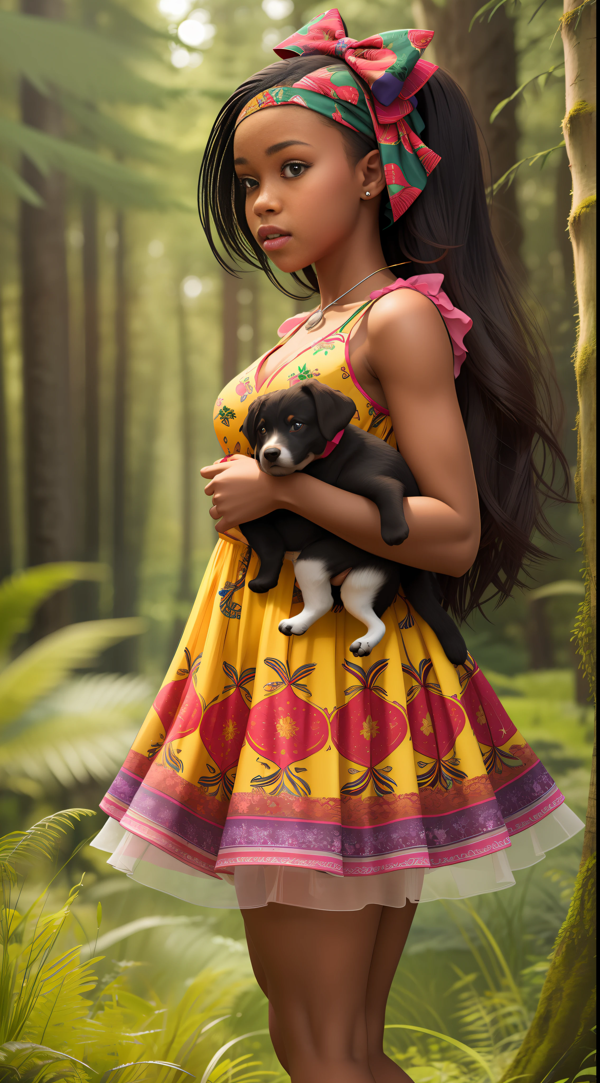 African american girl in flowery dress with bows on head, (normal 8k eyes),holding a puppy standing,side angle,forest background,vibrant colors16k ultra realistic detailed