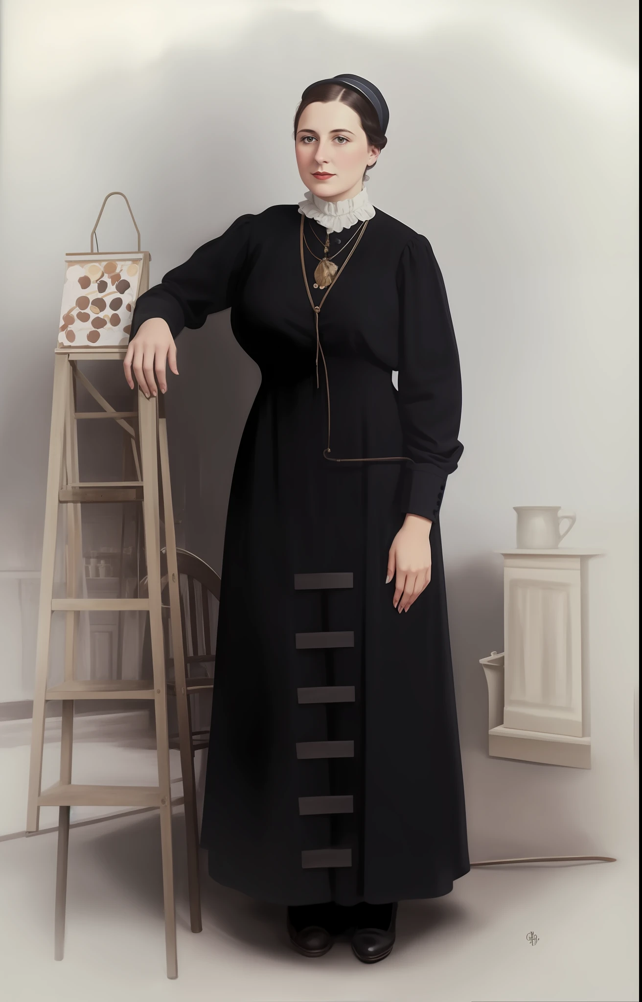 painting of a woman in a black dress standing next to a ladder, full - length portrait, full-length portrait, inspired by Olive Mudie-Cooke, wearing black old dress and hat, colorized 1 9 0 4 photo, colorized photo, full length portrait, a colorized photo, colorized photograph, colourized, inspired by Bessie Wheeler