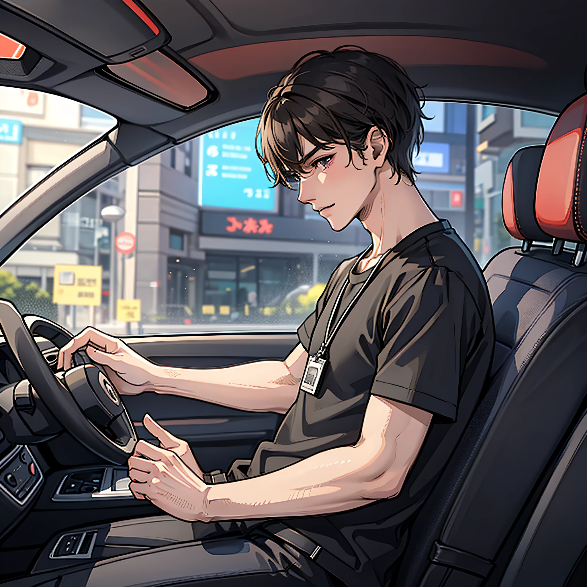 A man in black short sleeves, sitting in a car, looking at the document in his hand, 4K, high resolution