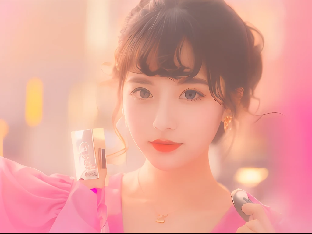 Beautiful woman holding pink compact (cosmetics) in her hands, Japan neon movie stills, 80s Japan photos, 1980s album cover, cosmetics advertising, pink dress, earrings, gold necklace, eyeliner, sun background