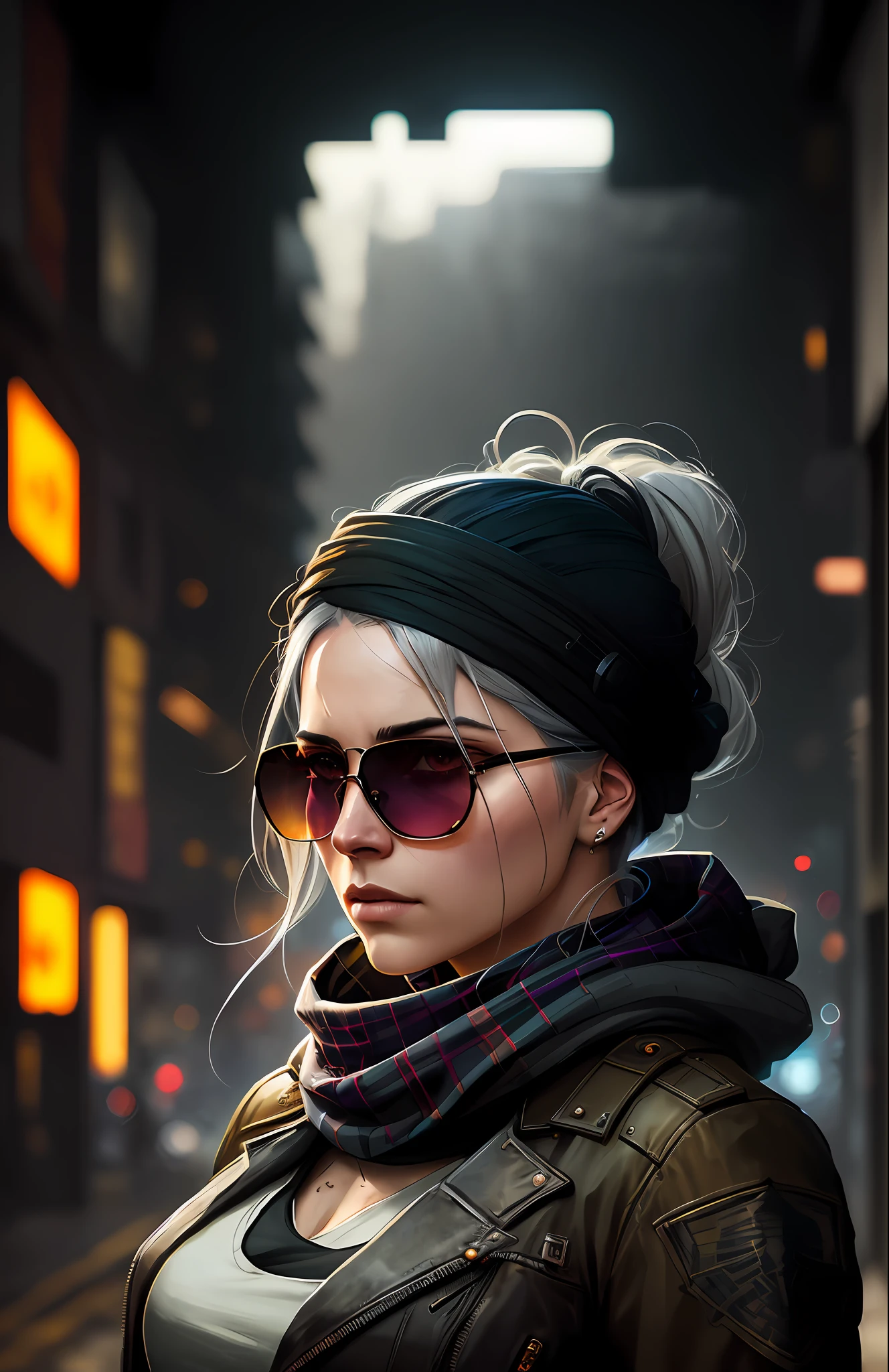 (dark shot:1.1), epic realistic, portrait of halo, sunglasses, blue eyes, tartan scarf, white hair by atey ghailan, by greg rutkowski, by greg tocchini, by james gilleard, by joe fenton, by kaethe butcher, gradient yellow, black, brown and magenta color scheme, grunge aesthetic!!! graffiti tag wall background, art by greg rutkowski and artgerm, soft cinematic light, adobe lightroom, photolab, hdr, intricate, highly detailed, (depth of field:1.4), faded, (neutral colors:1.2), (hdr:1.4), (muted colors:1.2), hyperdetailed, (artstation:1.4), cinematic, warm lights, dramatic light, (intricate details:1.1), complex background, (rutkowski:0.66), (teal and orange:0.4)