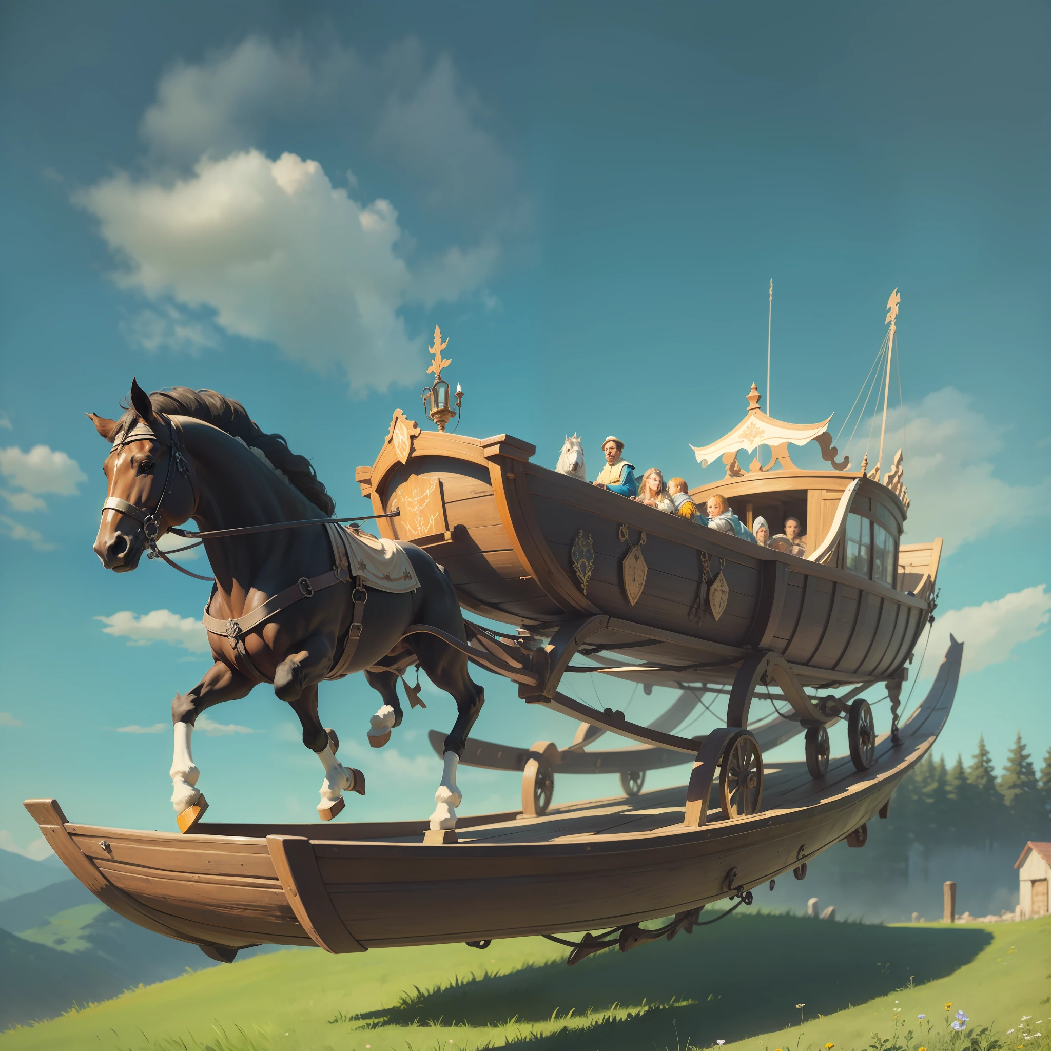 Carriage with wooden boat hull flying over a medieval road, floating carriage, high quality