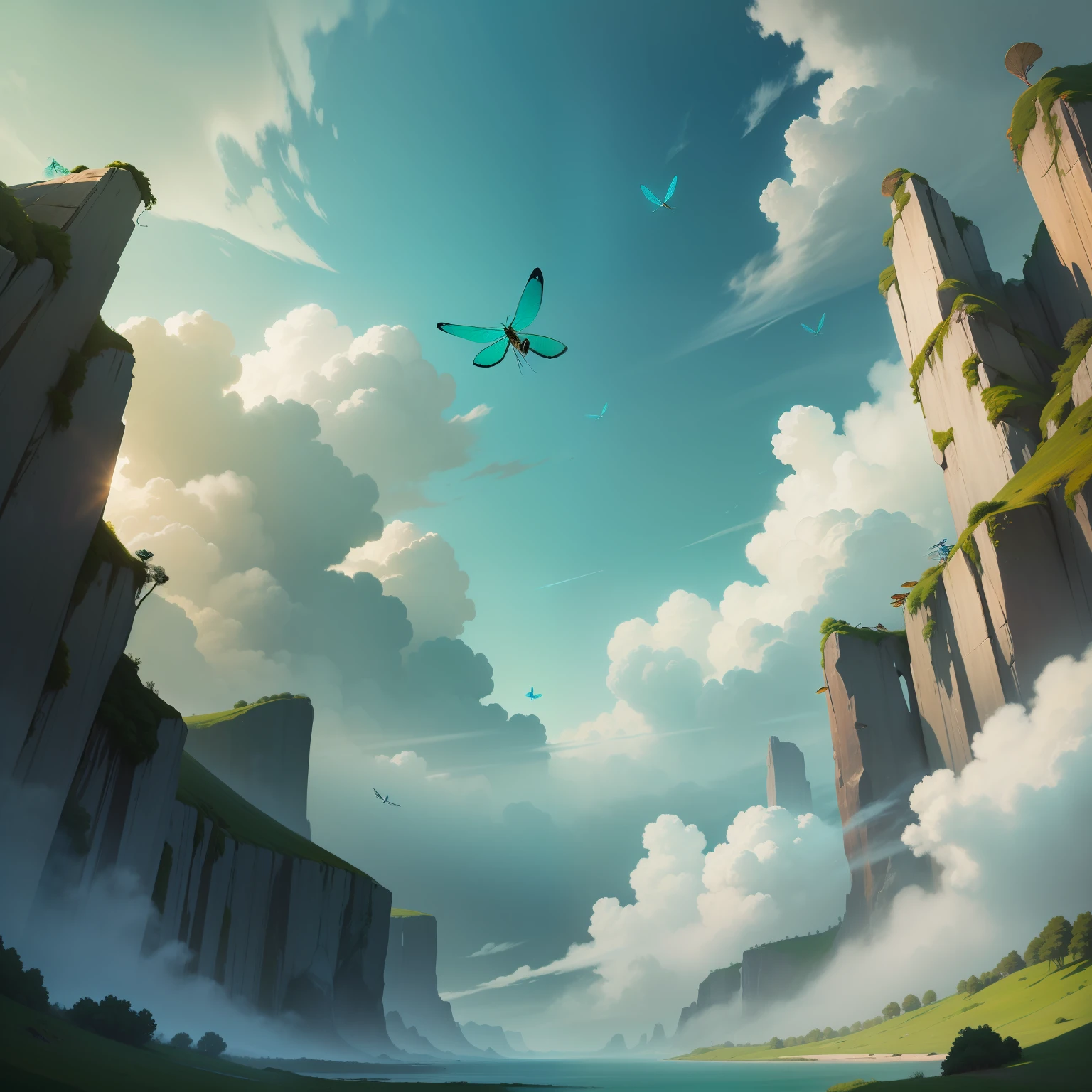 Dragonflies straight up to the green clouds, blue tones, open up the horizon