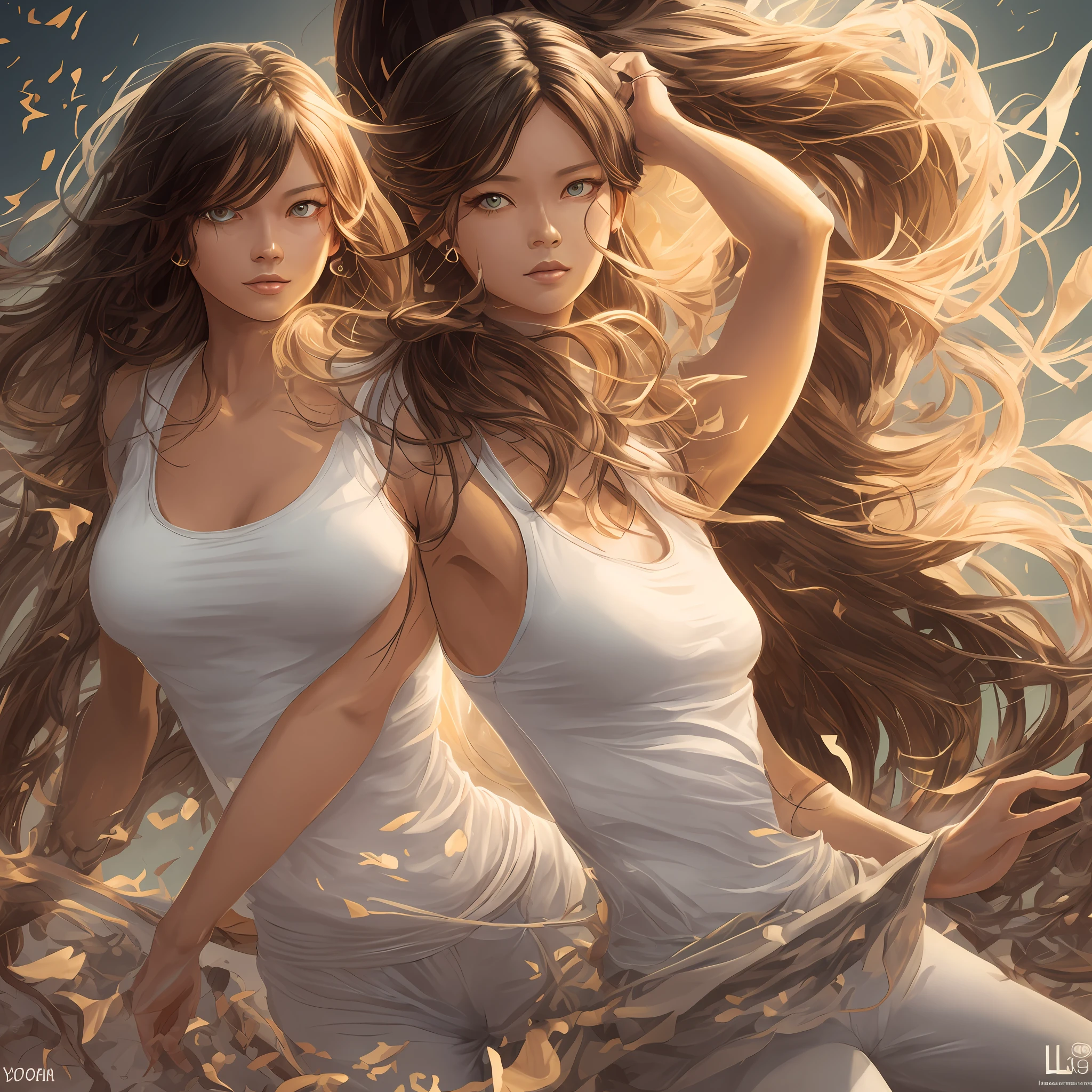 (hyperrealistic), (illustration), (high resolution), (8K), (extremely detailed), (best illustration), (beautiful detailed eyes), (best quality), (ultra-detailed), (masterpiece), (wallpaper), (detailed face), solo 1 girl, white wavy hair, korean, heterochromic eyes, small moles under the eyes, loose white shirt, yoga pants, big breasts, long legs, tight abs, camel toes, dynamic pose --auto