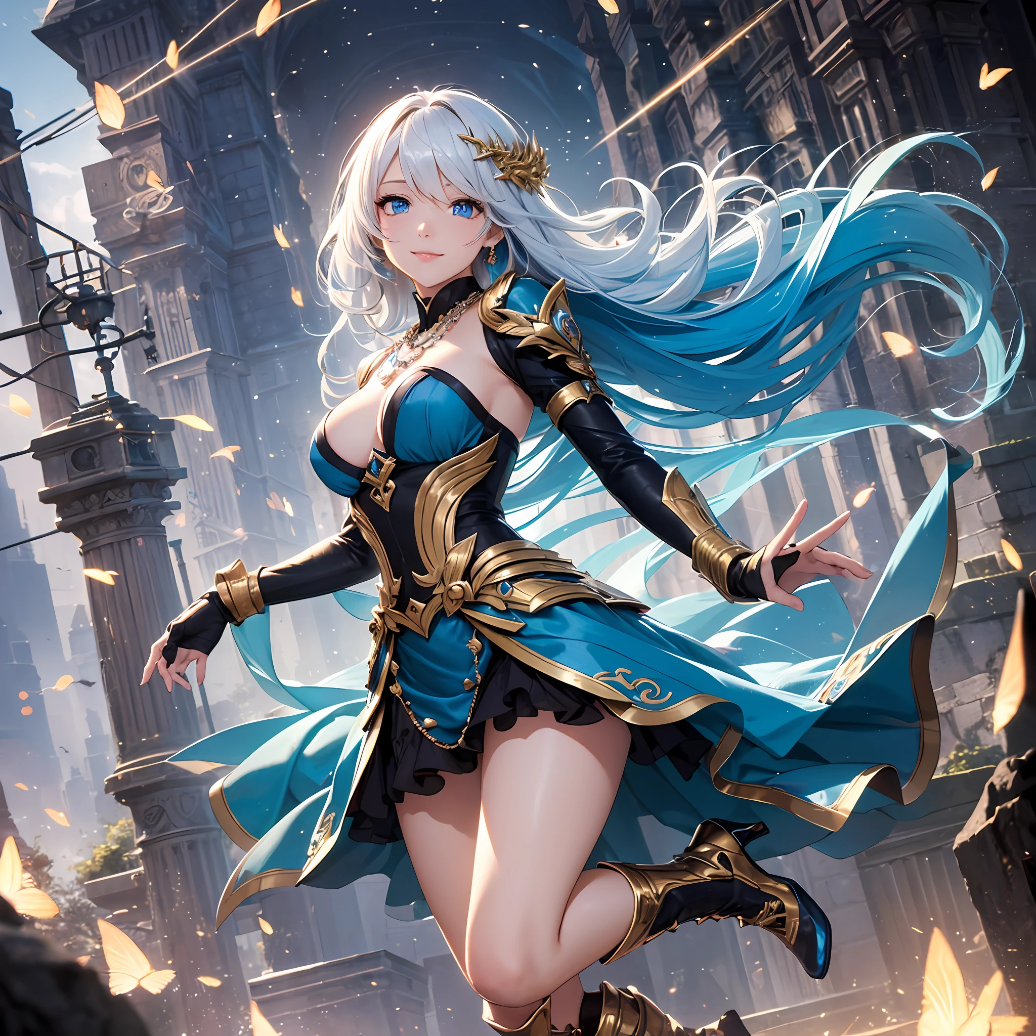 (extremely detailed CG unity 8k wallpaper, masterpiece, best quality, ultra-detailed), (an enchanting and captivating girl, with resplendent golden hair), (elven:0.5), looking at viewer, full body, (dynamic angle, dazzling blue eyes, exquisite necklace, enchanting smile), (a background of magic and mystery, fireflies, glowing particles, ethereal mist, and a touch of darkness), high saturation, cinematic light, rim lighting, best shadow, dancing, dragon tattoo on a leg, streaked hair, enchanting blue silk dress, high blue boots, blue battle gear