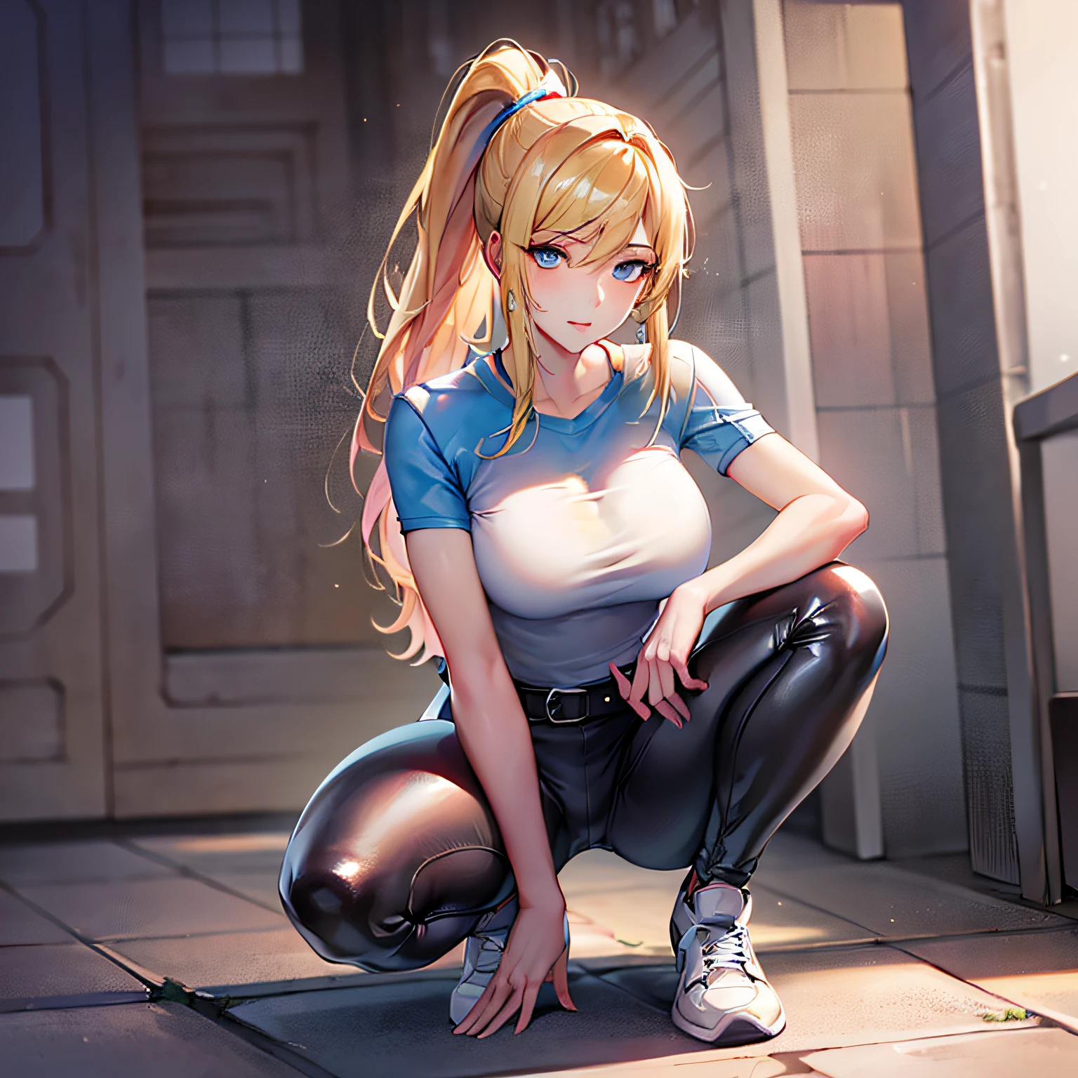 (masterpiece, best quality) 1.5, 1girl, solo, (sexy, beautiful woman, perfect face, perfect eyes), samus aran, leather legging pants with belt, white t-shirt with neckline, white sneaker, crouched with legs open, (blue eyes, blonde hair, ponytail) --auto --s2