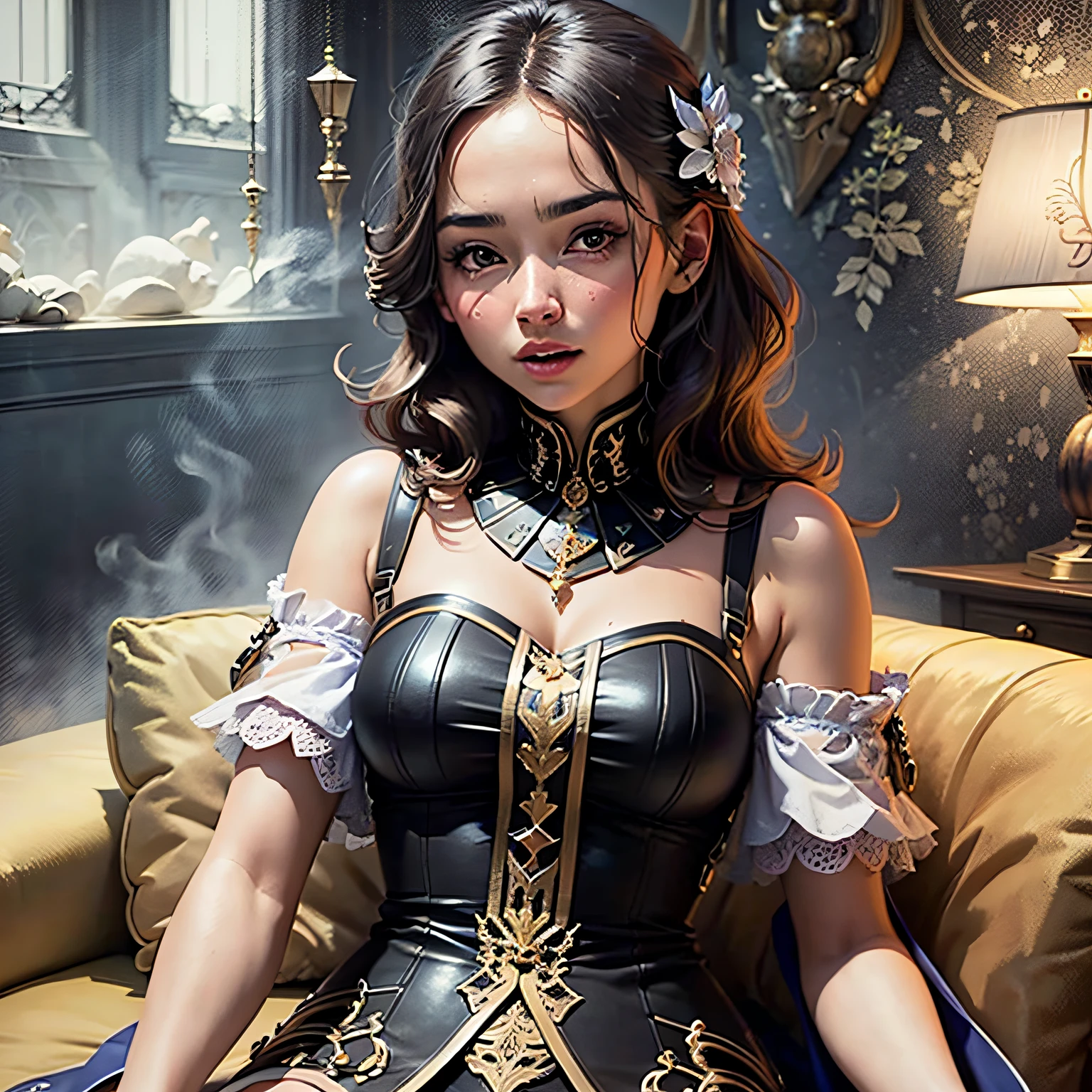 masterpiece, best quality, 1girl, solo, choker minidress, light skin, bedroom, huge breasts, face, eyes, (red hair), (long hair), red lipstick, painted nails, high heels, full body, sitting on a couch, beautifully color-coded, heels, makeup, intricate skin pores, detailed skin (realistic: 1.2), global lighting, high contrast