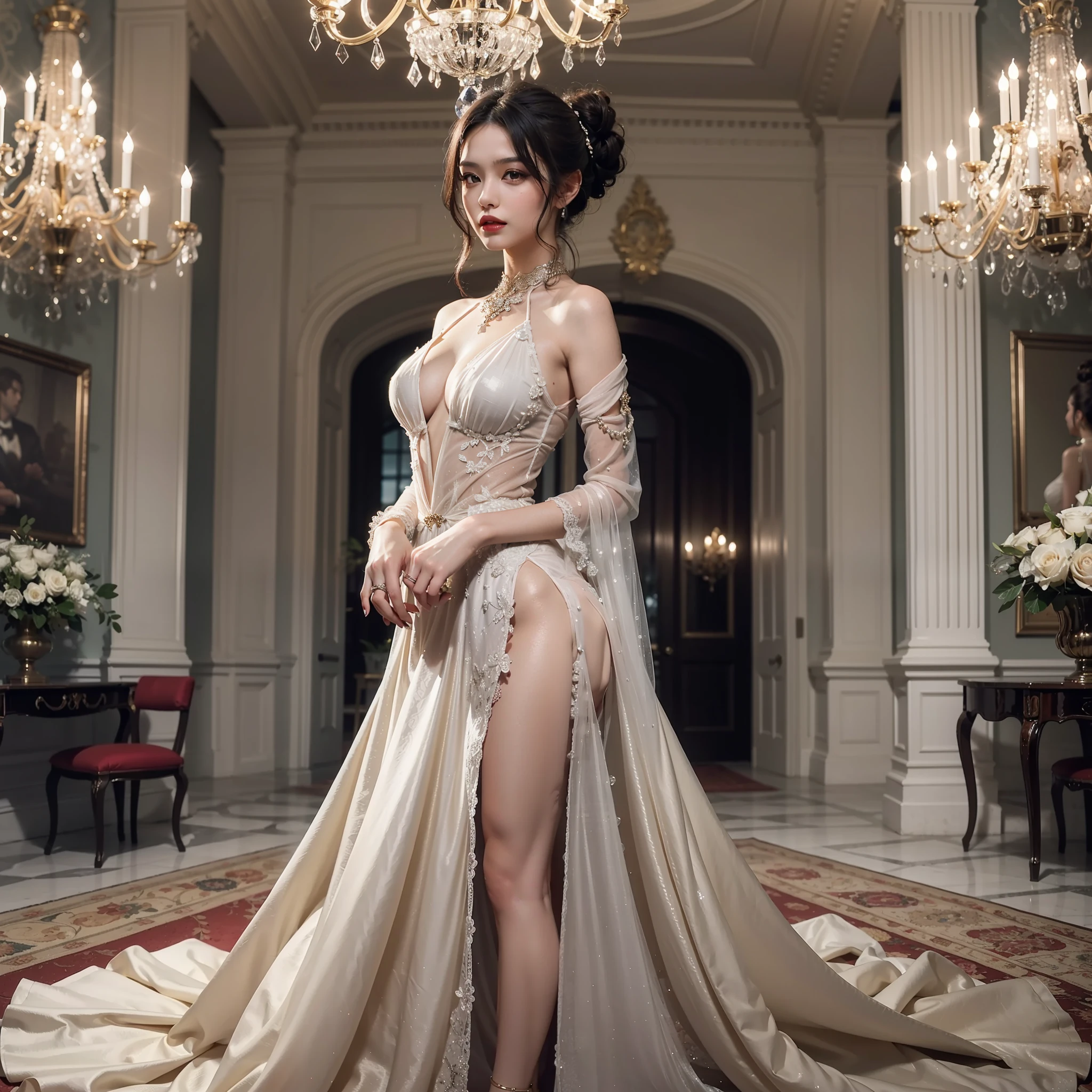 Our woman, dressed in a flowing evening gown with a high slit, exudes confidence and poise. Her makeup features a soft smokey eye, complemented by a bold red lip. Her hair is swept up in an intricate updo, adorned with a sparkling hairpin. With an expression of refined serenity, she holds a crystal glass filled with Glenmorangie whiskey, emphasizing its elegance. The background design showcases a luxurious ballroom, complete with chandeliers and a grand piano