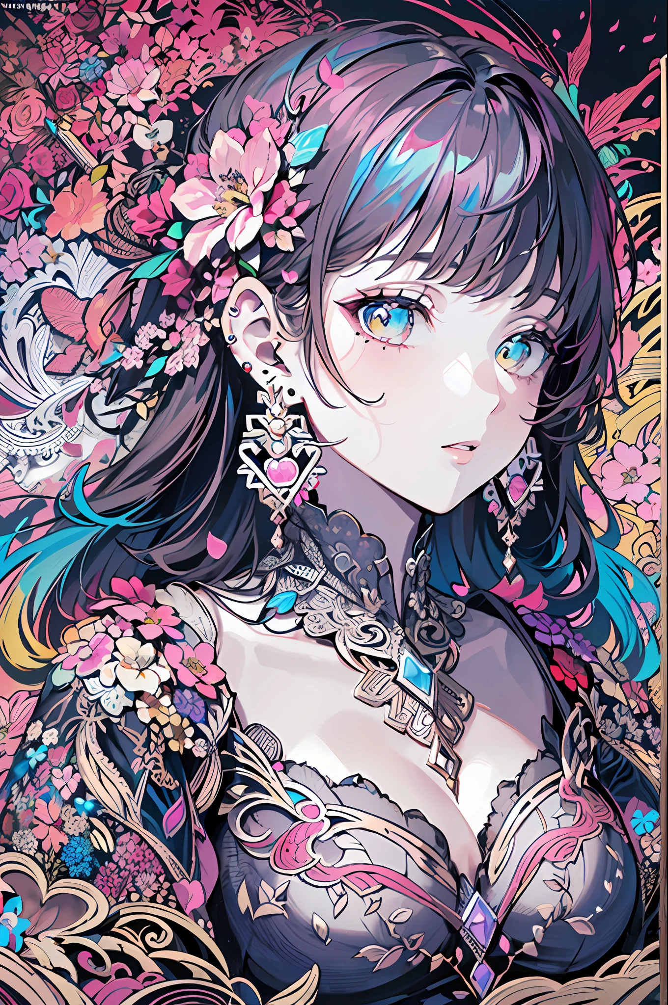 (masterpiece, top quality, best quality, official art, beautiful and aesthetic:1.2), (1girl:1.3), extremely detailed,(fractal art:1.1),(colorful:1.1)(flowers:1.3),highest detailed,(zentangle:1.2), (dynamic pose), (abstract background:1.3), (shiny skin), (many colors:1.4), ,(earrings:1.4),